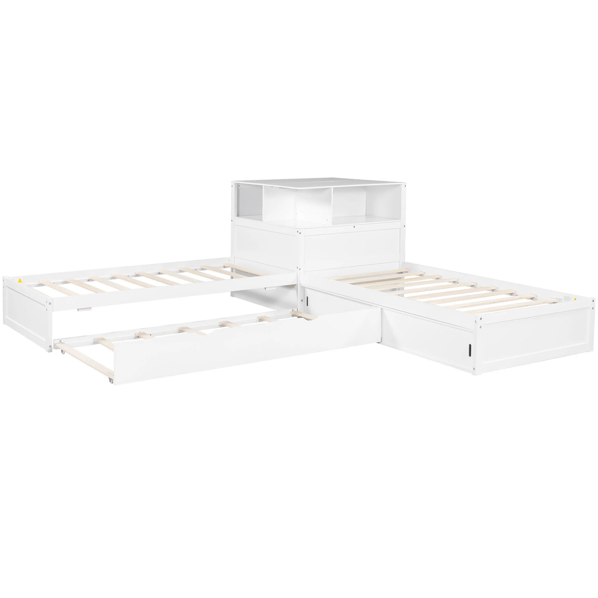 Euroco Pine Wood L-Shaped Twin Platform Bed with Storage Desk, Cabinets, Trundle and LED Light for Kids Teens, Gray