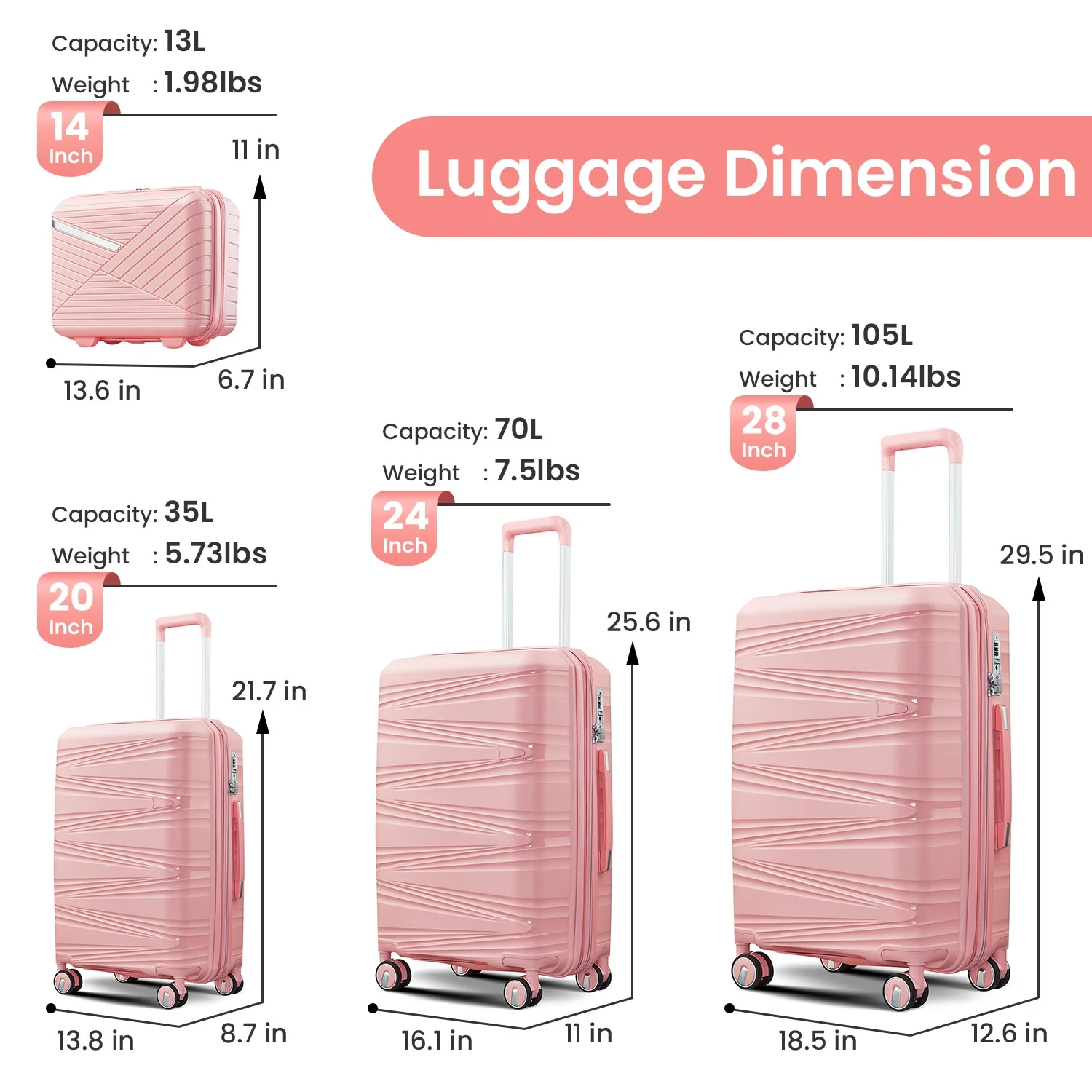 4 Piece Luggage Set Expandable Hardshell Travel Luggage Sets 8 Spinner Wheel Suitcase Wheels TSA Lock Suit Case, PP Lightweight & Durable wheels Upright Suitcase, 14/20/24/28 Inch