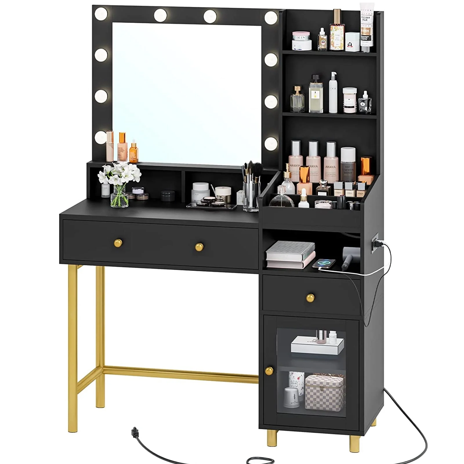 Makeup Vanity Desk with Lighted Mirror and Drawers, Vanity Desk Table Dressing Table with Charging Station & Lights for Bedroom, Black