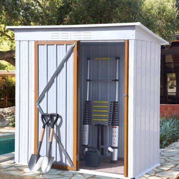 5 X 3 Ft Outdoor Storage Shed. Galvanized Metal Garden Shed With Lockable Doors. Tool Storage Shed For Patio Lawn Backyard Trash Cans