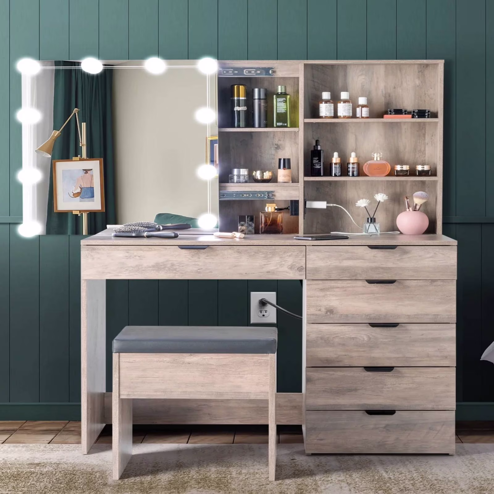 Ktaxon Vanity Set with 3 Color Lighted Mirror & Charging Station, Makeup Table with 3 Storage Shelves & Drawers, Dressing Table Makeup Desk with Stool,Retro Gray