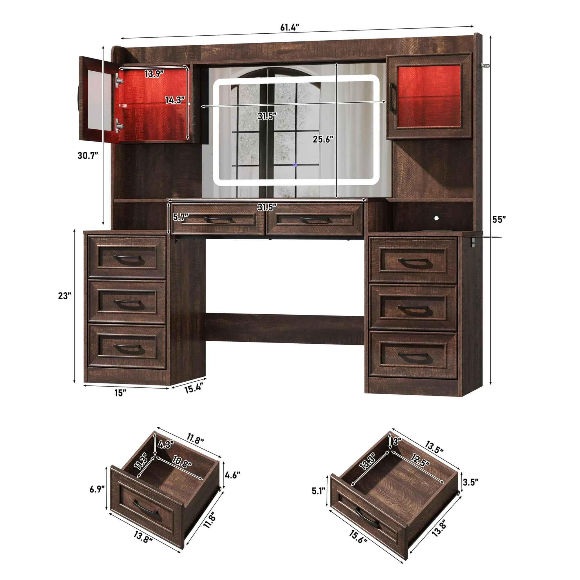 ChVans 62'' Large Vanity Desk with Tempered Glass Top & Charging Station, Farmhouse Makeup Vanity with 8 Storage Drawers & 2 LED Glass Storage Cabinets & 3 Lights Mode LED Mirror for Women Gift