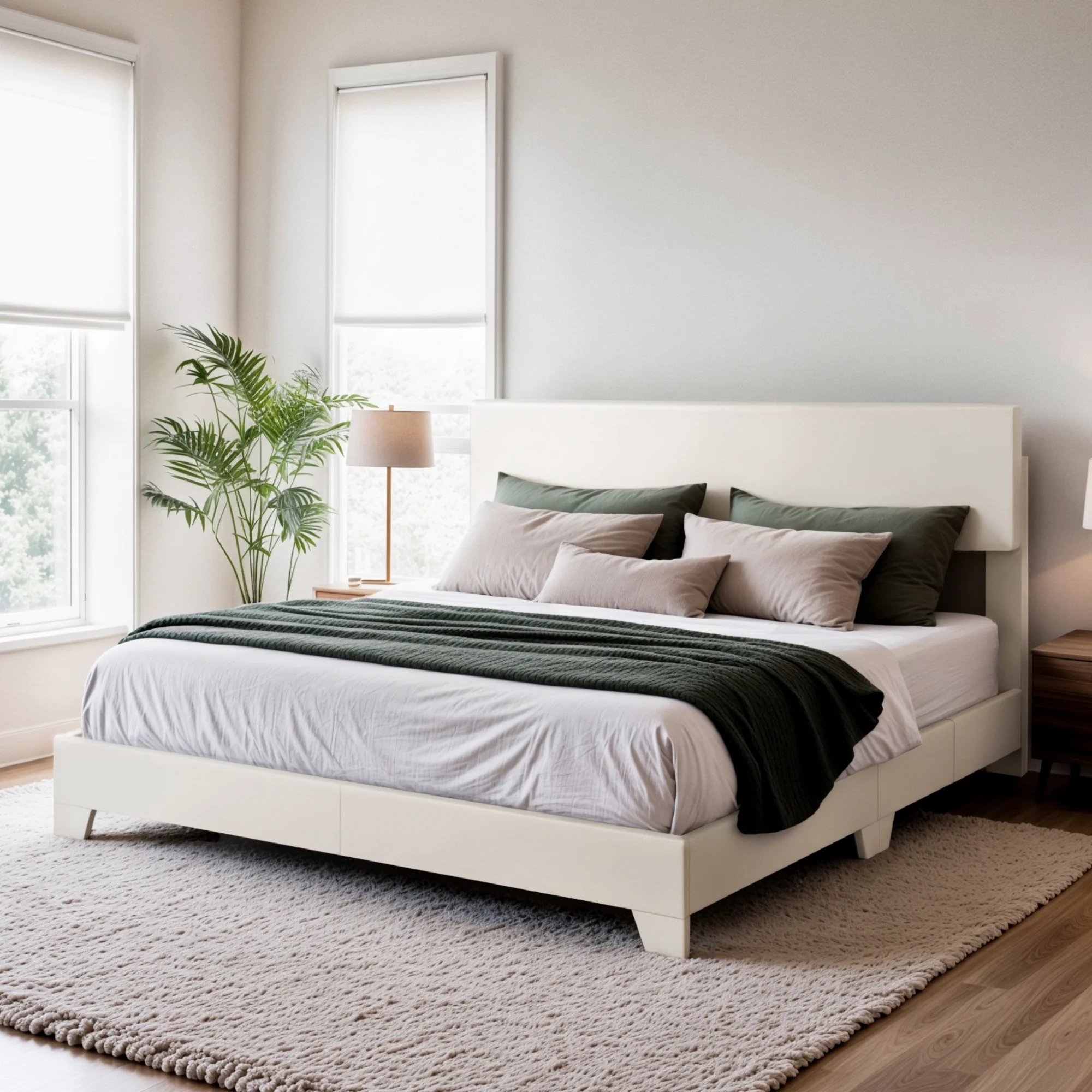 Einfach Queen Size White Leather Upholstered Bed Frame with Adjustable Headboard, No Box Spring Needed, Low