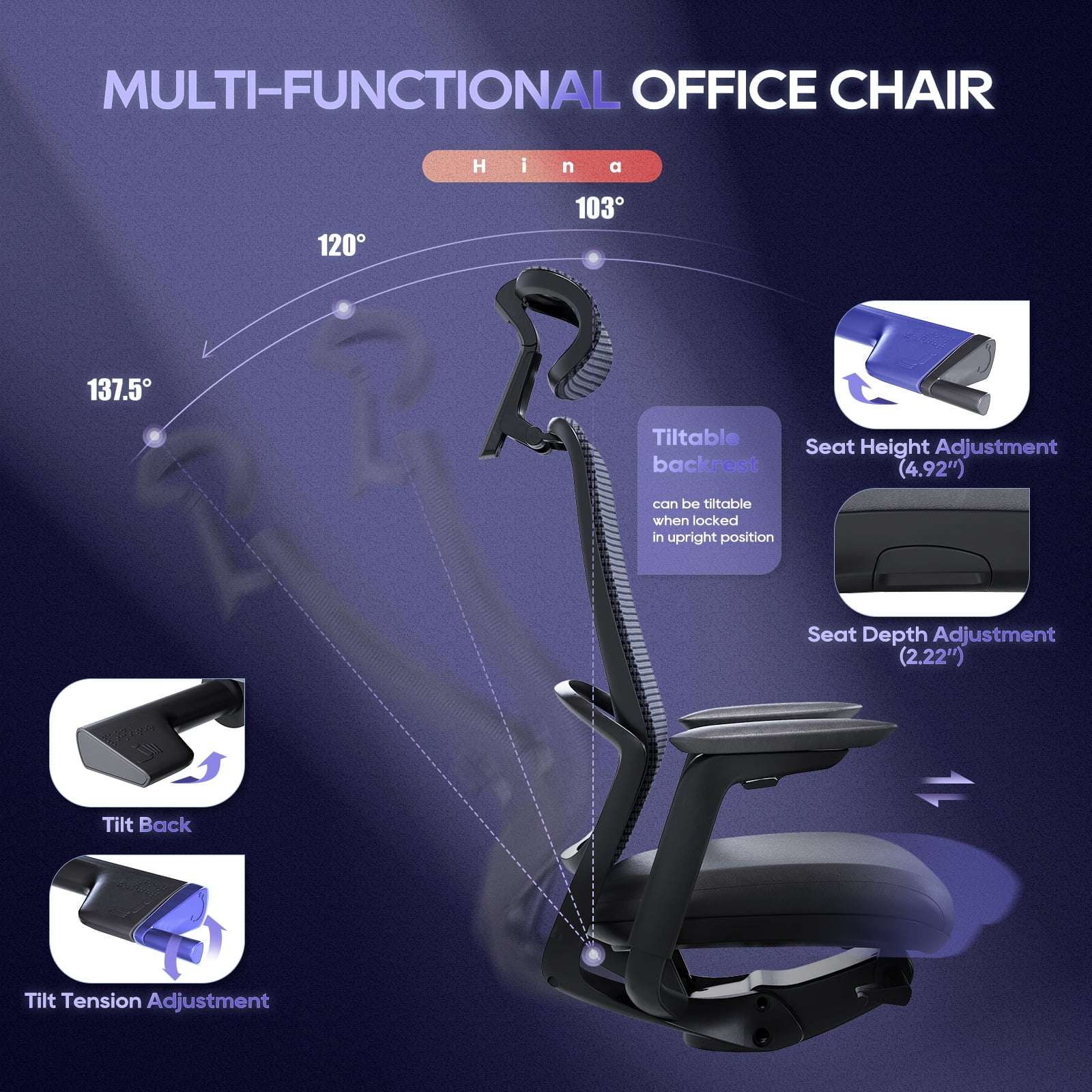 Ergonomic Office Chair, High Back Mesh Desk Chair with Adjustable Lumbar Support, Reclining Backrest, 4D Armrests, Breathable Mesh, Comfortable Computer Chair for Home Office, Work,Study
