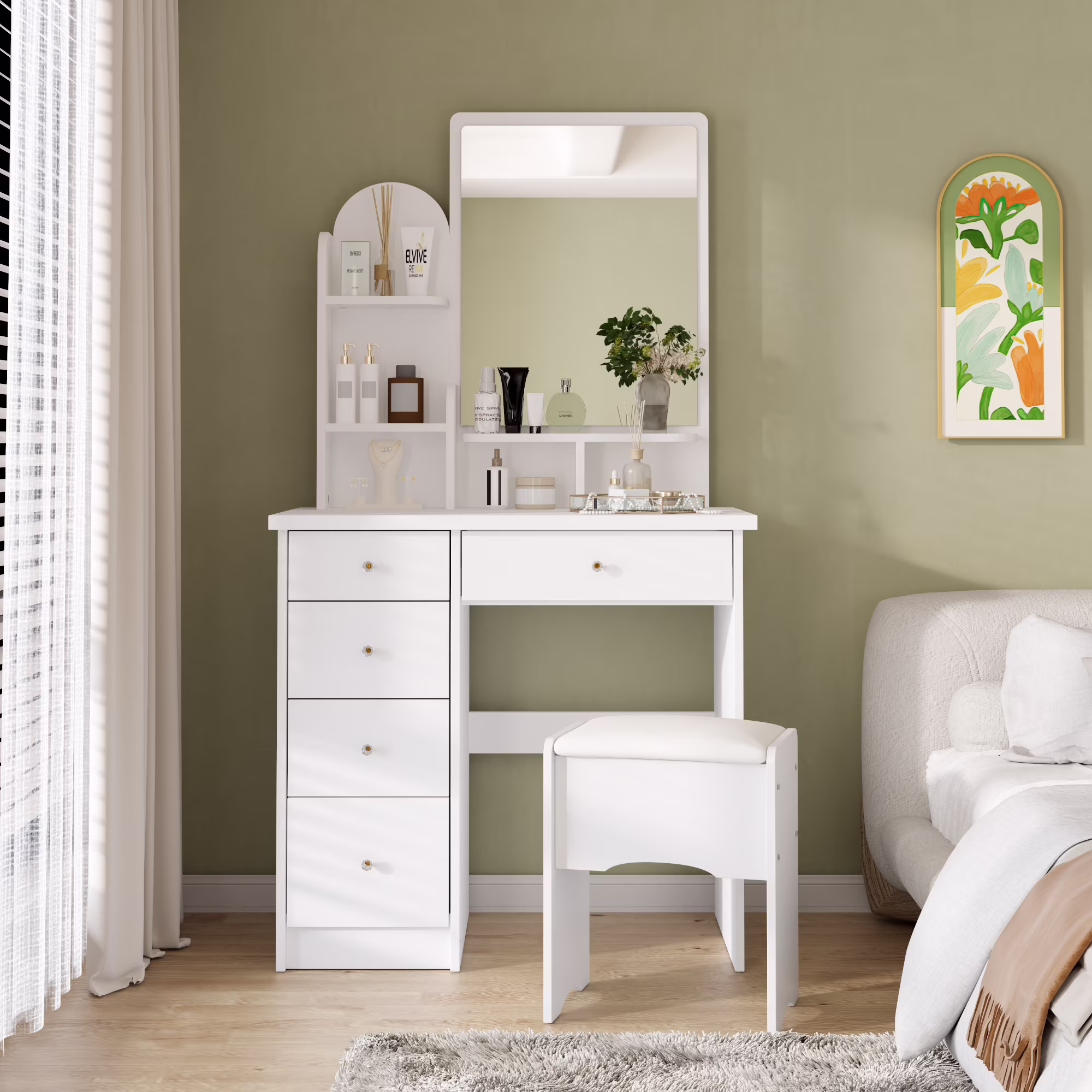 KULAGAGA Vanity Table Set with Light Mirror, Makeup Table with 3 Storage Shelves & 5 Drawers, Dressing Vanity Tables with , Dresser Desk for Girls, Women, White