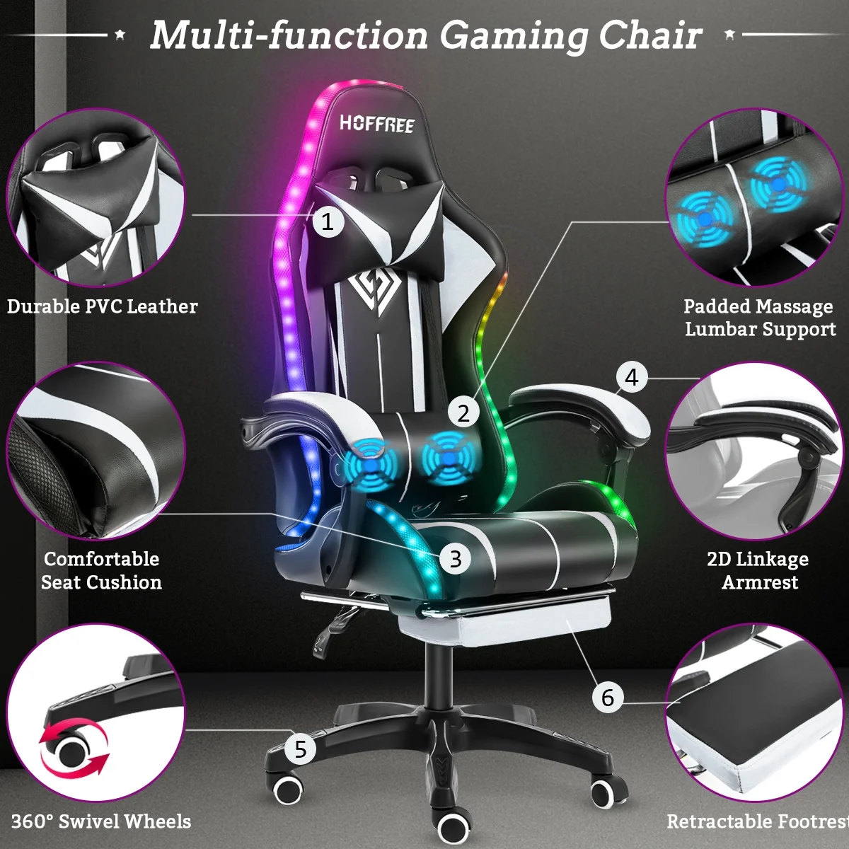 Hoffree Gaming Chair with Massage PU Leather Office Chair with Footrest and LED Light Ergonomic Gamer Chair Lumbar Support Adjustable Headrest High Back Computer Desk Chair for Home Office