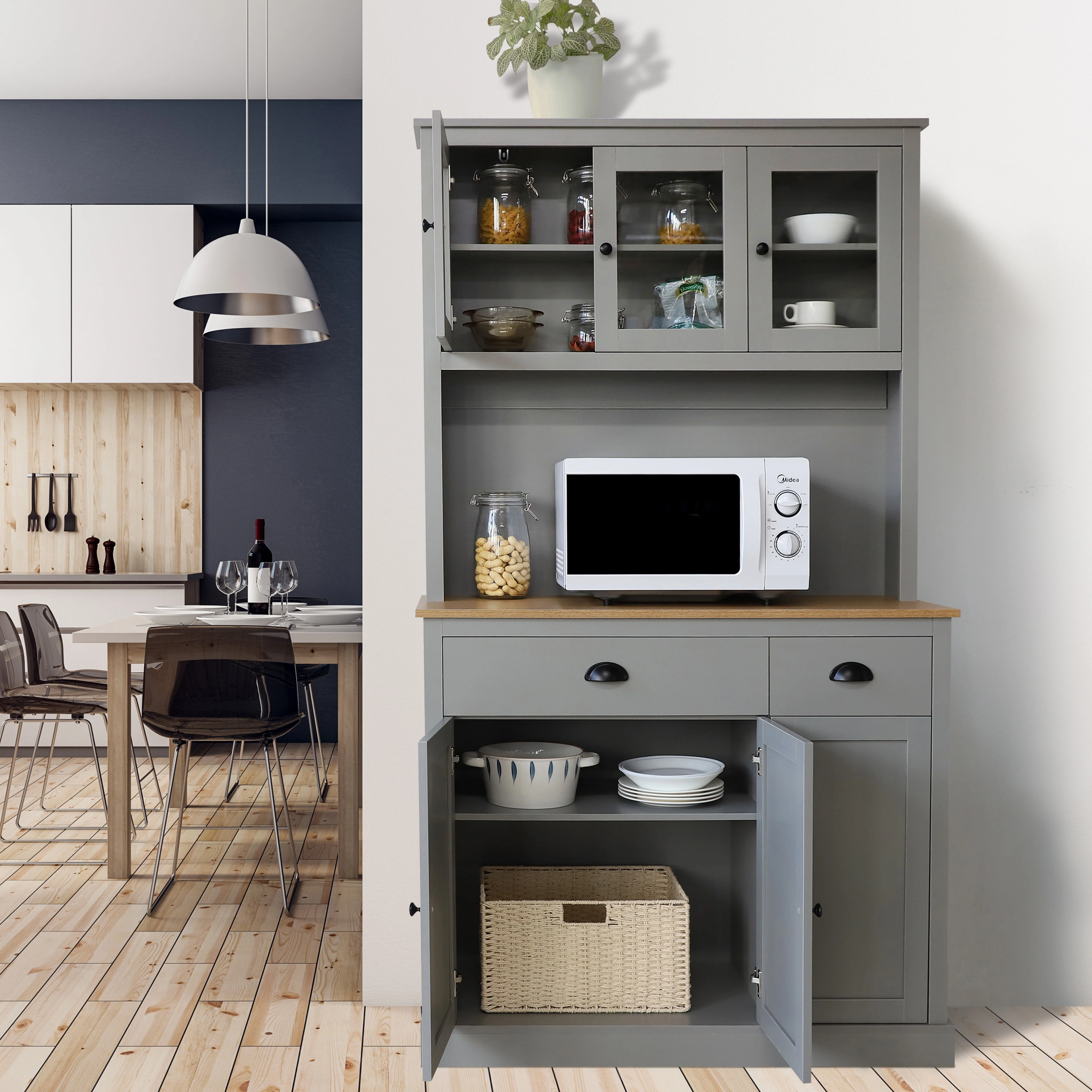 VEIKOUS 71'' Kitchen Pantry Hutch Cabinet, Pantry Storage Hutch w/Microwave Stand and Buffet Cupboard, Gray