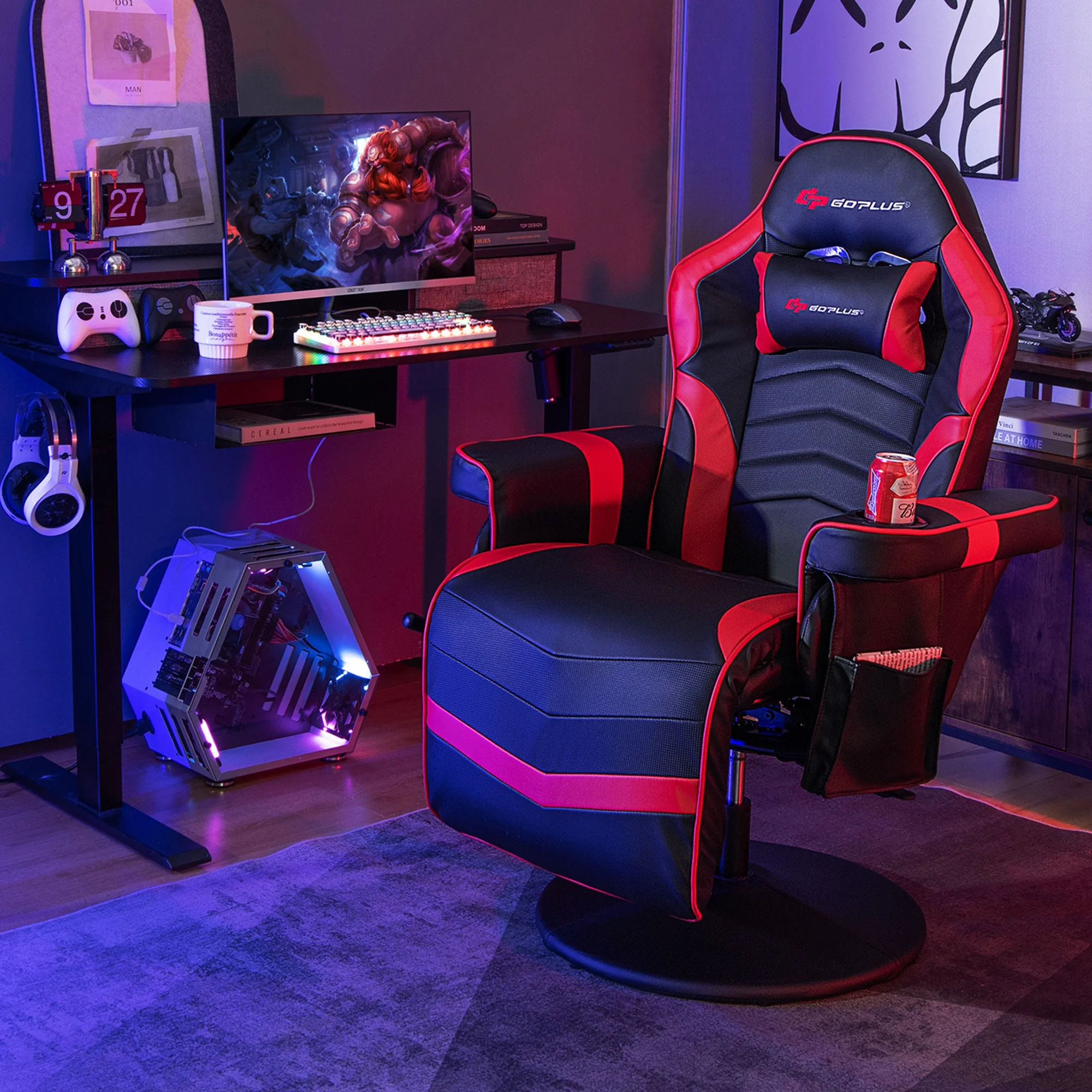 Goplus Massage Gaming Recliner Height Adjustable Racing Swivel Chair with Cup Holder Red