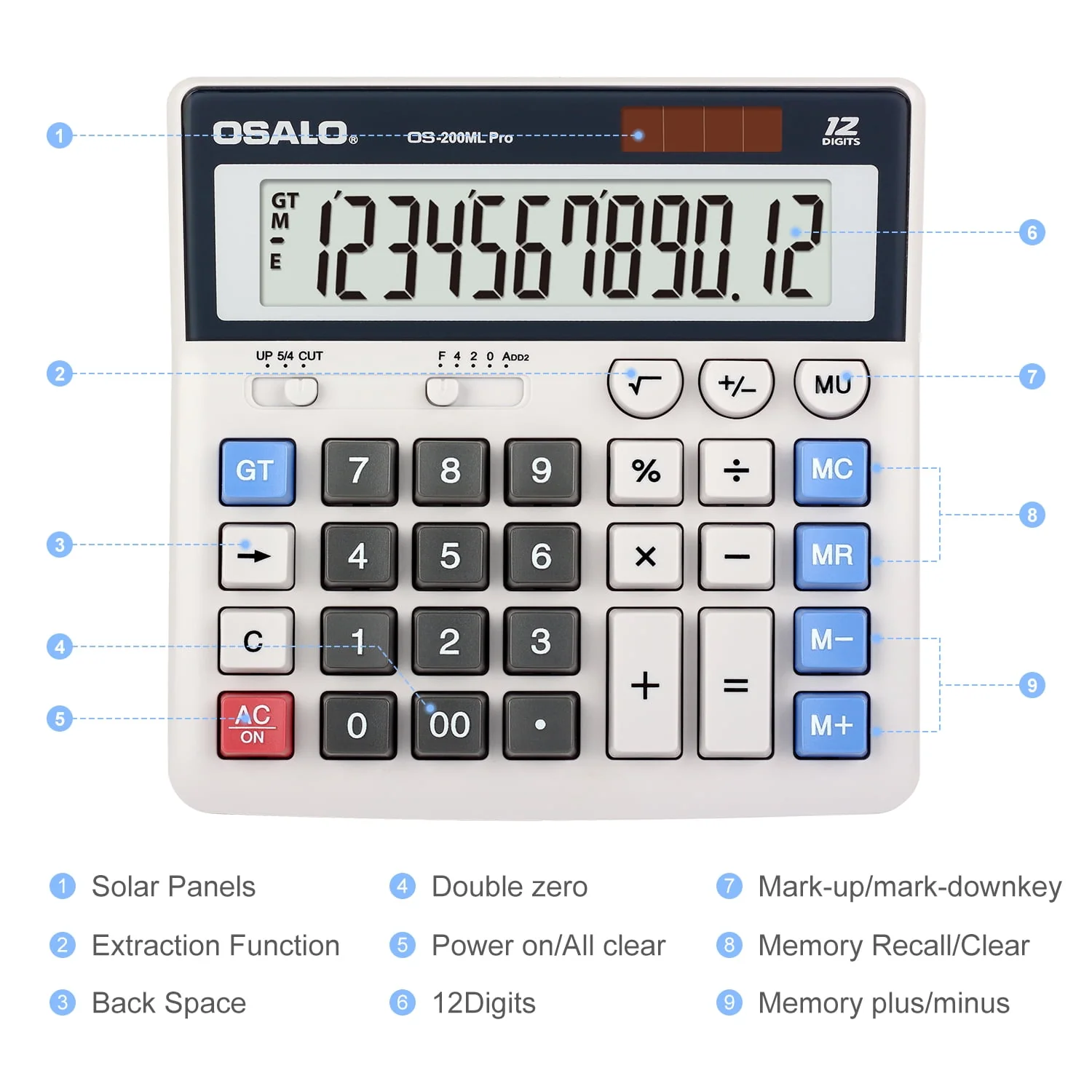 OSALO Calculator Extra Large Display Solar Big Buttons 12 Digits Desktop Calculator(OS-200ML)
