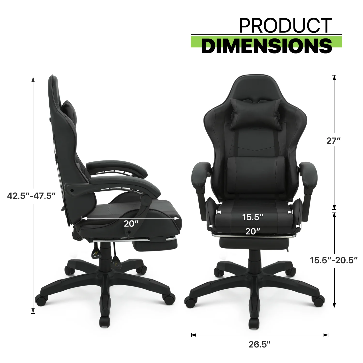 Magshion Adjustable Gaming Chair, Ergonomic PC Computer Seat with Headrest and Lumbar Support for Adults Teens Desk Chair, Black