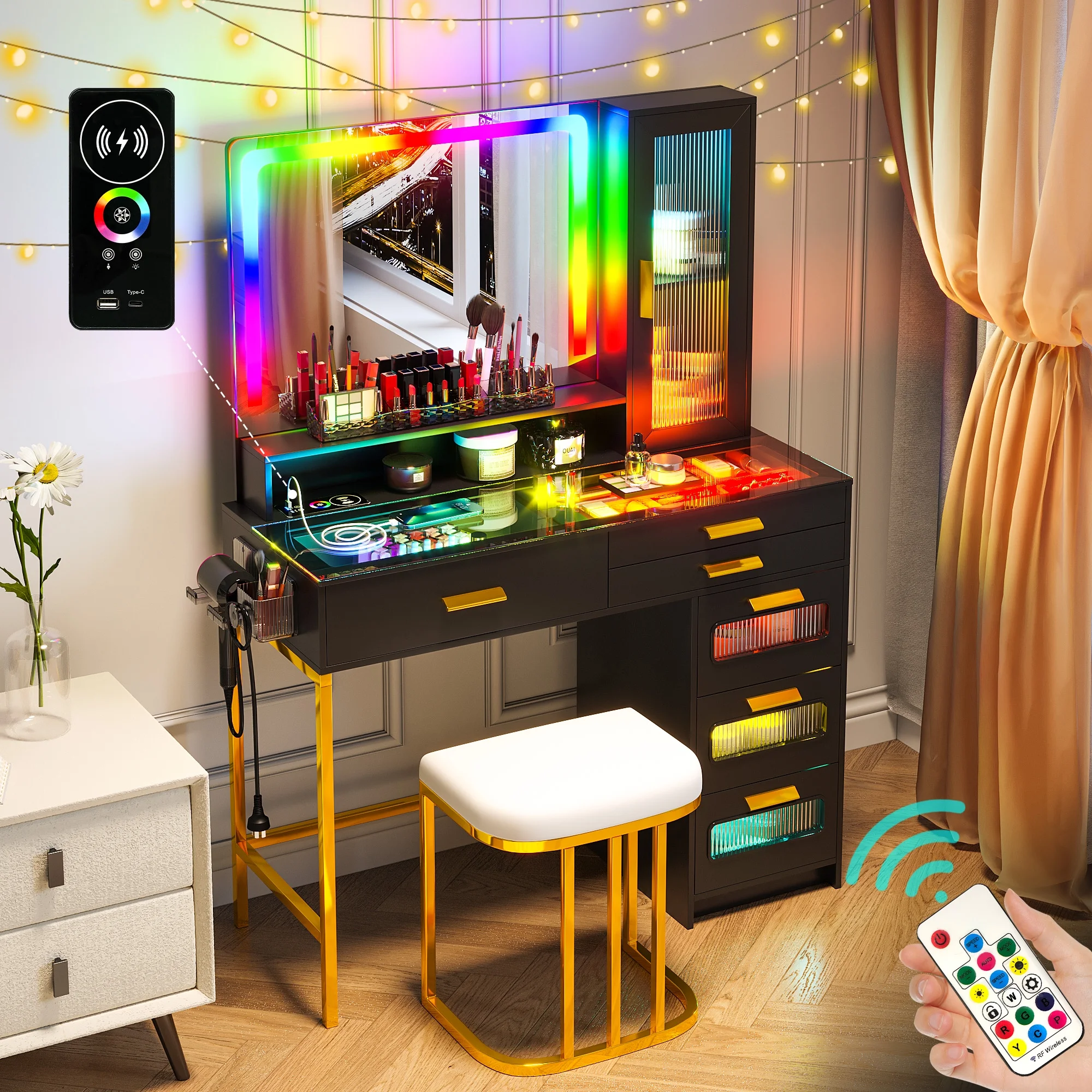 HNEBC Vanity Desk with Mirror and RGB Lights, Glass Top Makeup Vanity with Auto Sensor Lights and Wireless Charging, Vanity Table Set with Cushion Stool, Dressing Table with 6 Drawers (White)