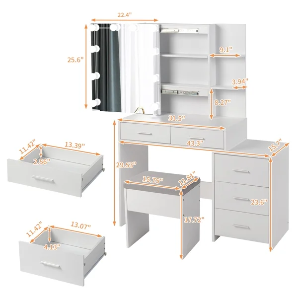 Alvantor Makeup Vanity Desk with 3-Color LED Mirror, Stool, USB Outlets, 5 Drawers, White Finish