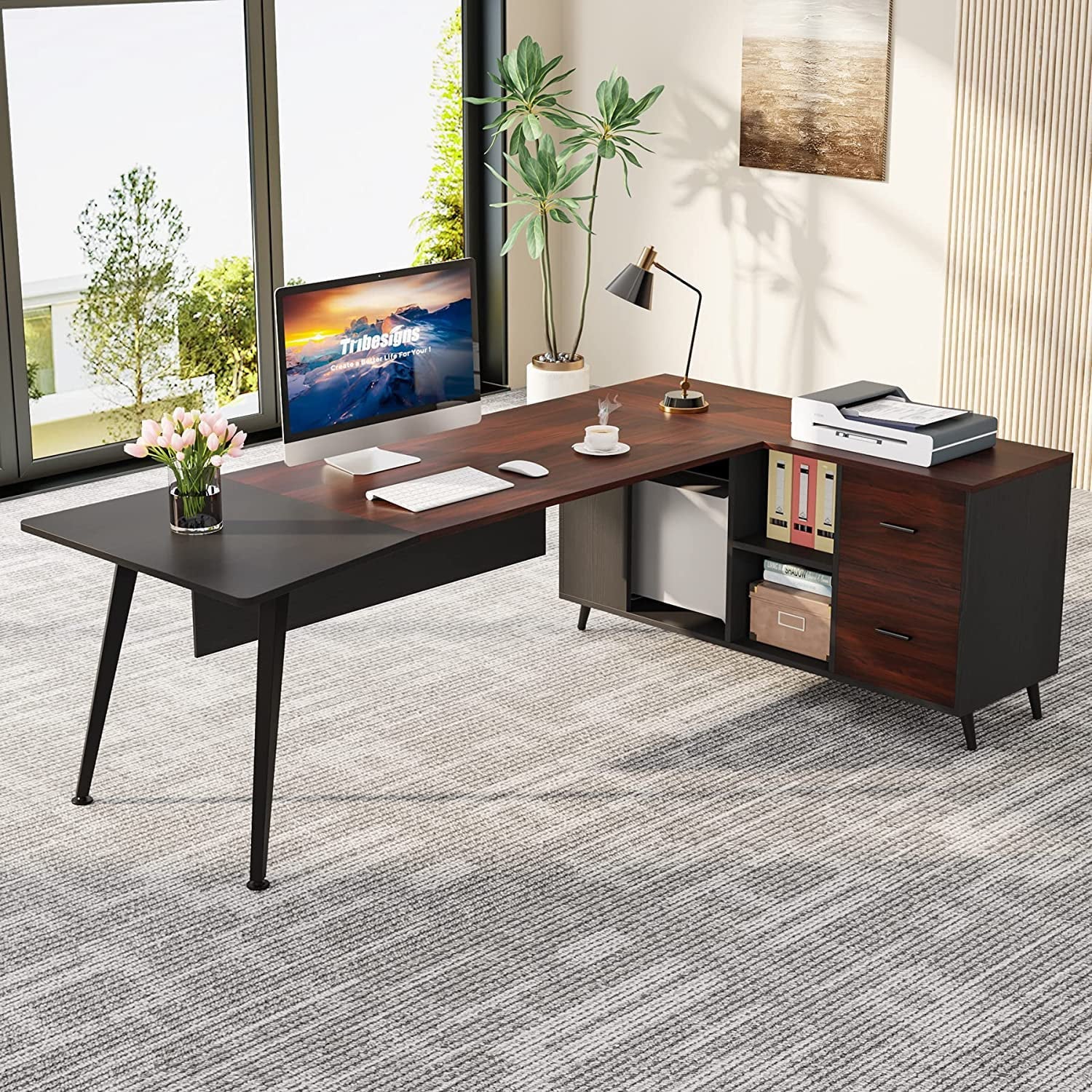 Tribesigns 87” Extra Long Executive Desk with 51” File Cabinet in Drawer and Storage Shelves, Dark Walnut & Grey