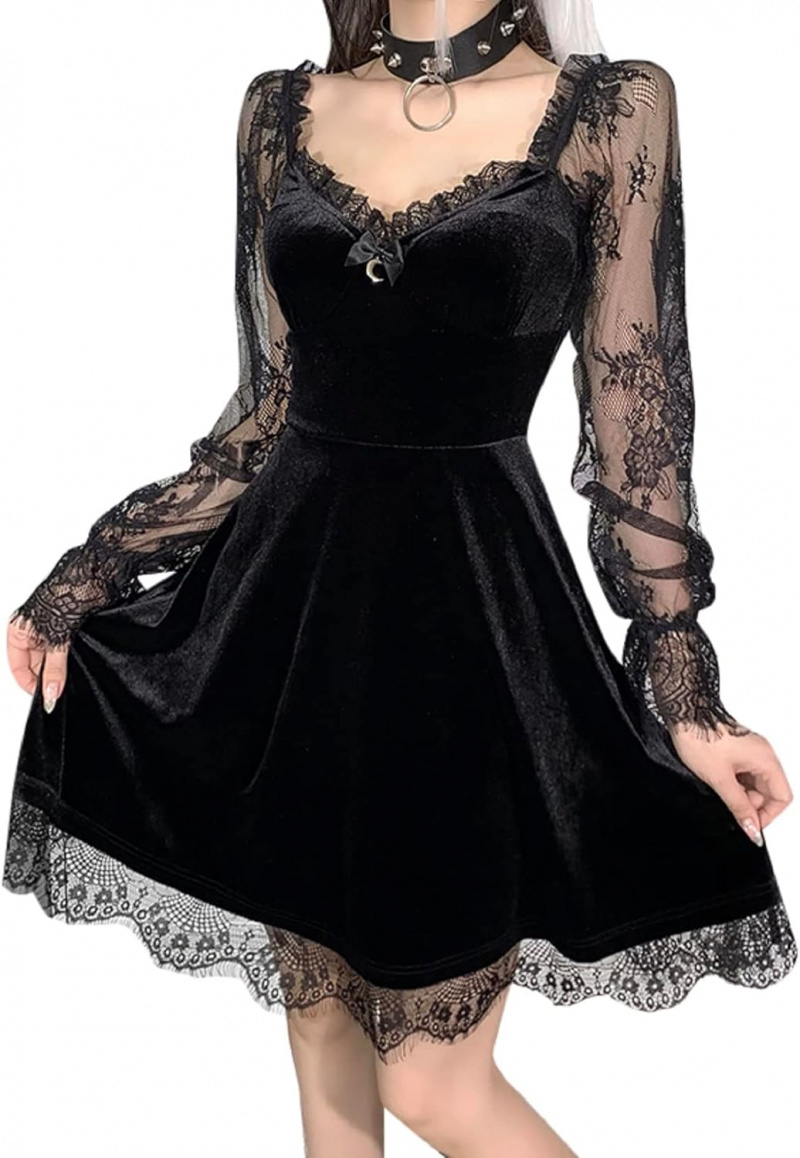 Women Gothic Velvet Dress - Flared Lace Long Sleeve Midi Dresses