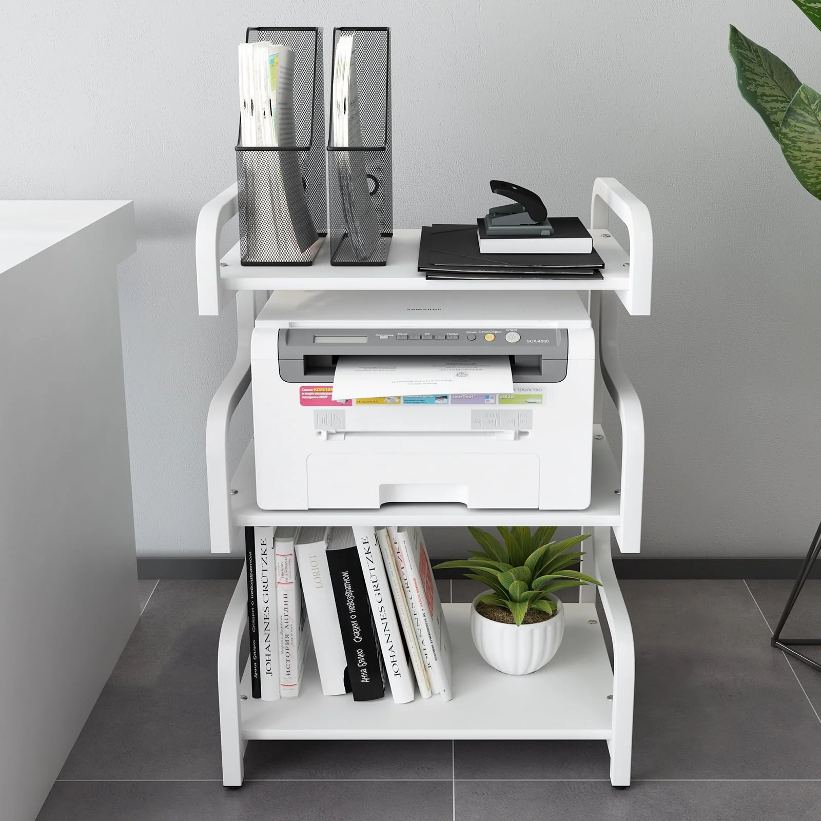 Natwind 3-Tier Printer Stand with Wheels Movable Storage Cart Floor-Standing Printer Cart Multi-Purpose Shelf Rack for Media Player (White)