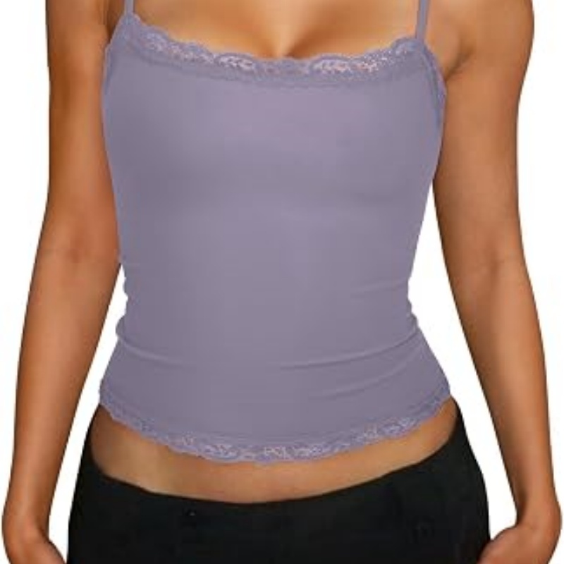 Women's Sexy Square Neck Lace Cami Tank Tops Fitted Double Lined Sleeveless Crop Spaghetti Strap Summer Y2k Tops