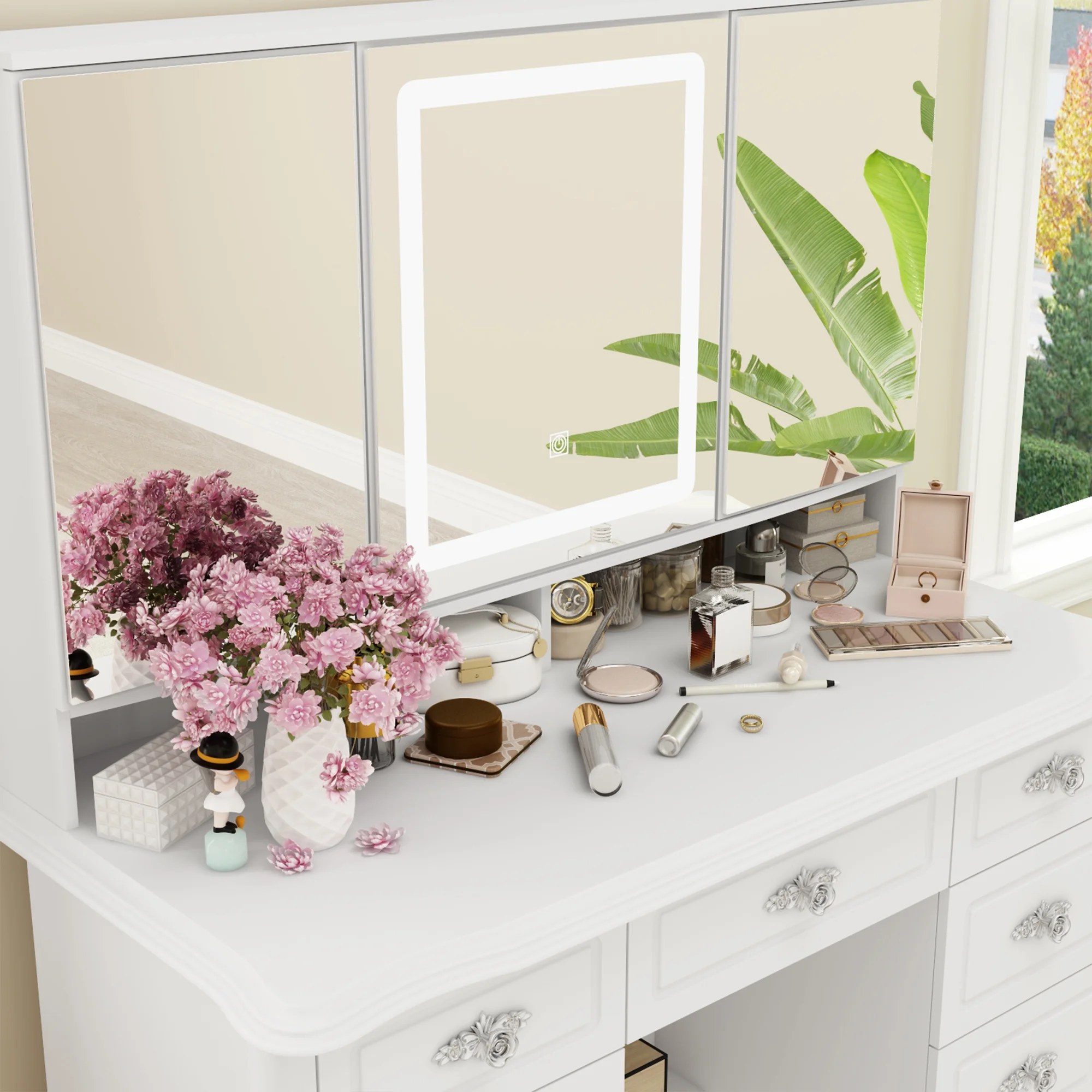 OXYLIFE Vanity Desk with Lighted Mirror, Makeup Dressing Table with 9 Drawer and Drawer Divier for Bedroom
