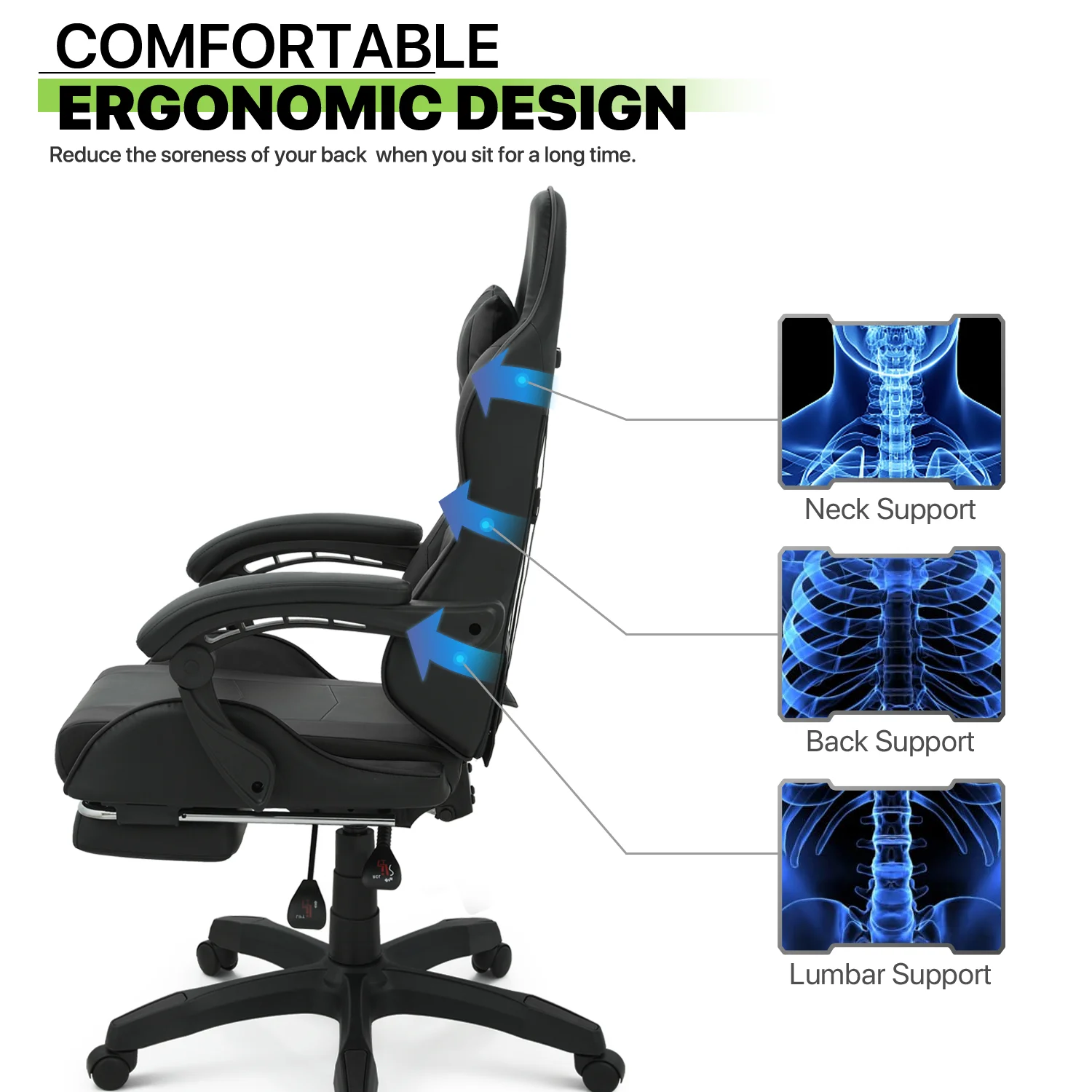Magshion Adjustable Gaming Chair, Ergonomic PC Computer Seat with Headrest and Lumbar Support for Adults Teens Desk Chair, Black