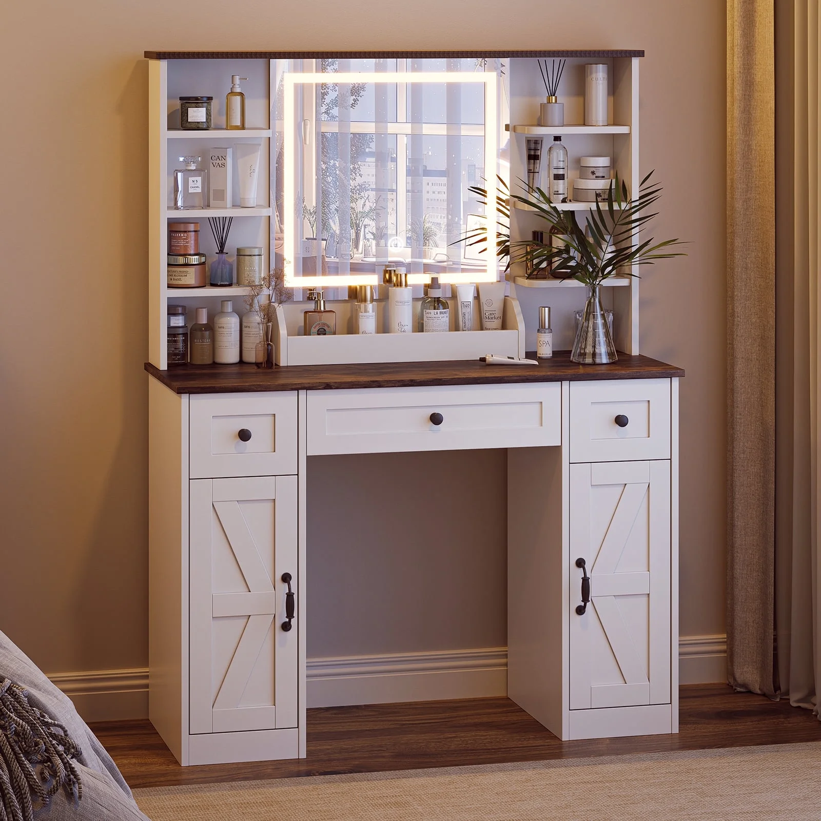 Vanity Desk with Chair, White Makeup Desk Set with Mirror & LED Lights, Vanity Table with Power Strip, 2 Drawers, 4 Shelves