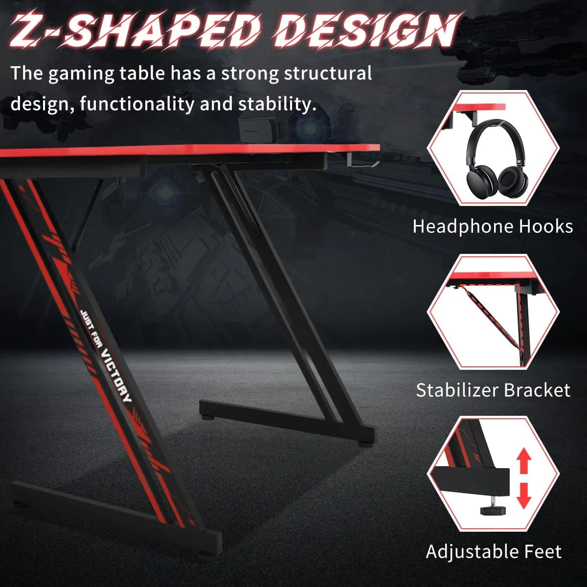 47 inch Z-Shaped Gaming Desk Computer Desk, Ergonomic Writing Office Desk Racing Style PC Gaming Table Workstation with Headphone Hook for Game Players, Red