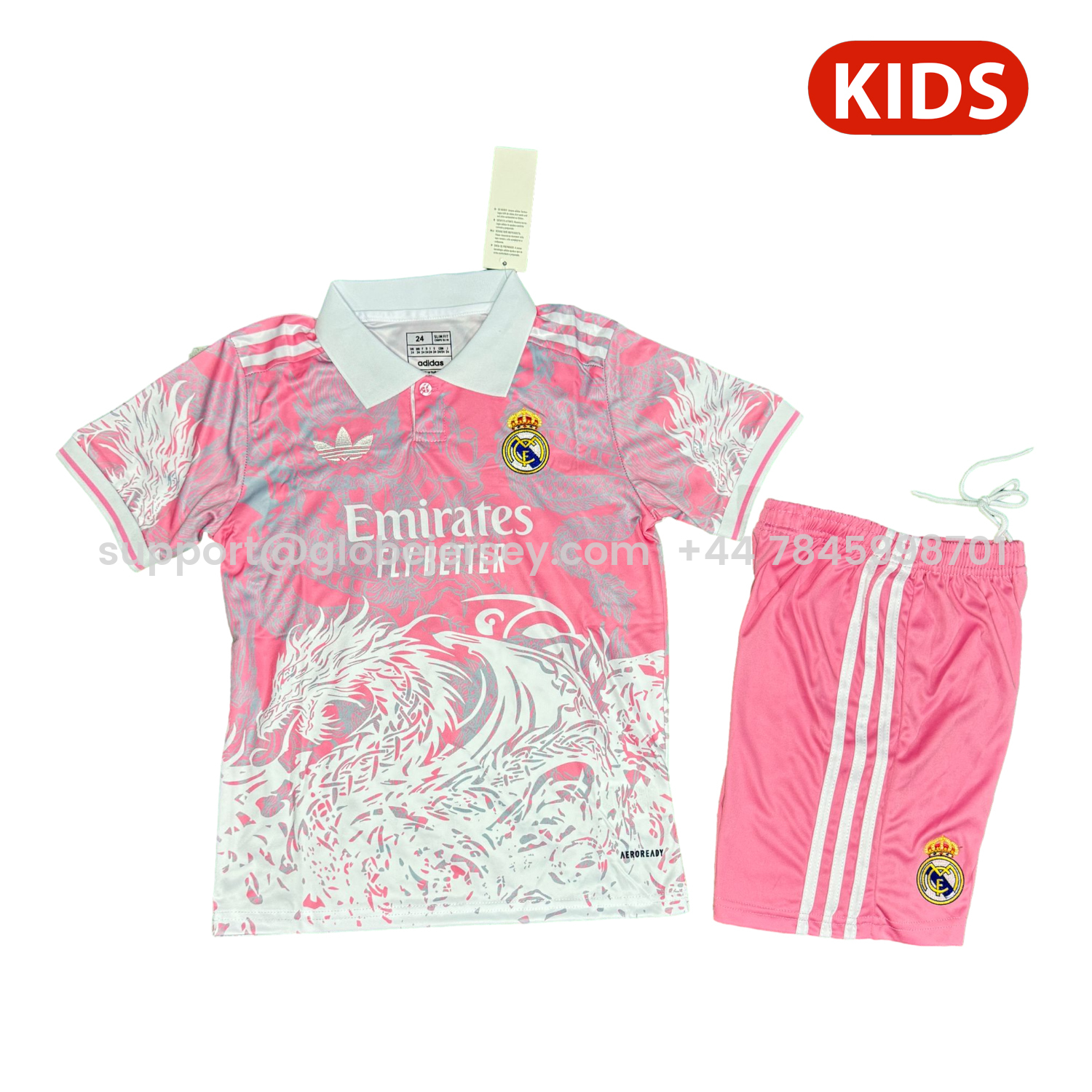 Real Madrid 25-26 White Fire Dragon Pink Special Polo Kids Kit