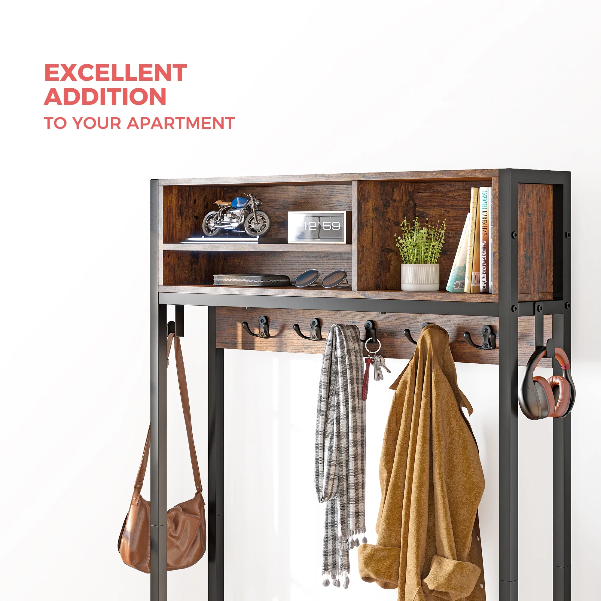 Hall Tree, Coat Rack Freestanding, Coat Rack with Storage, Entryway Bench with Shoe Storage, Hall Tree with 12 Hooks and 3 Drawers for Hanging Clothes and Storage
