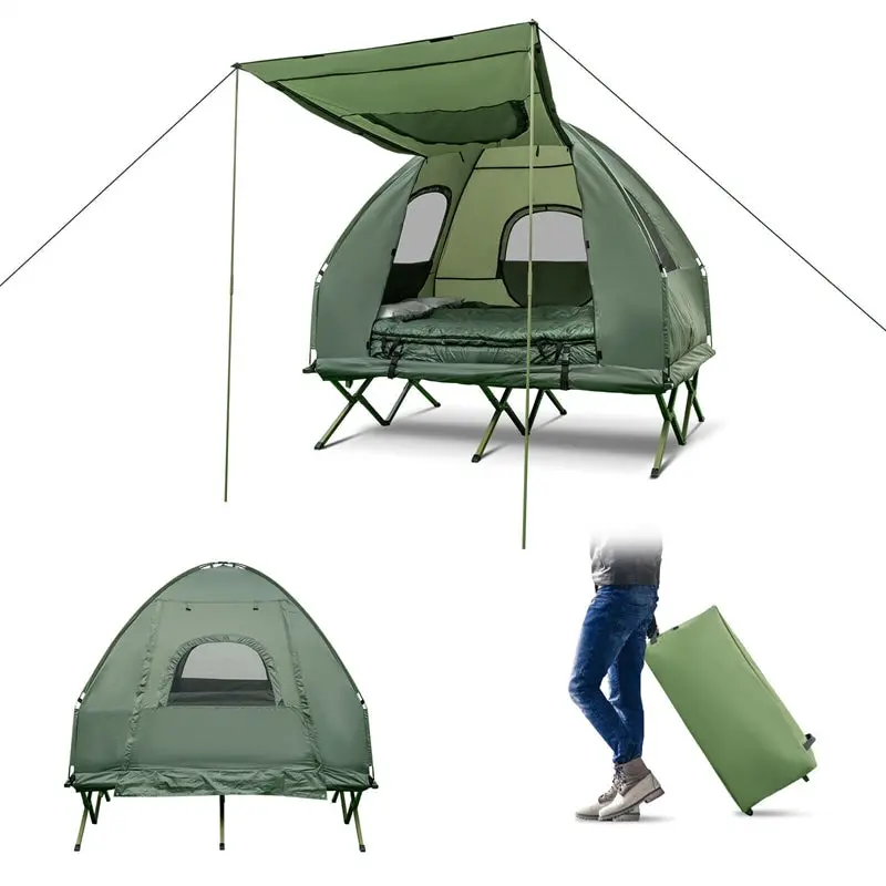 5-in-1 Portable Camping Tent Cot Combo for Two – Includes Air Mattress. Sleeping Bag & Sunshade