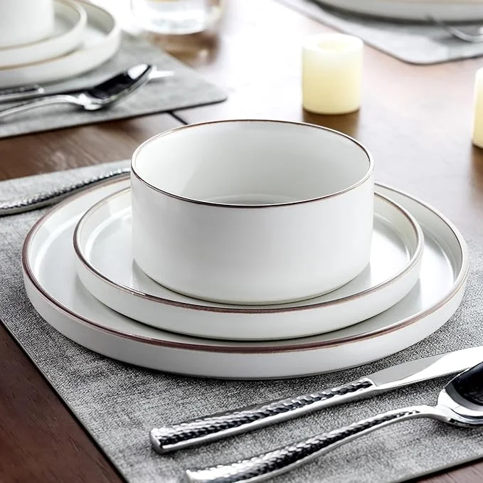 Vanilla White High-Rim Ceramic Dinnerware Set for 8 Shatterproof Oven Dishwasher Microwave Safe