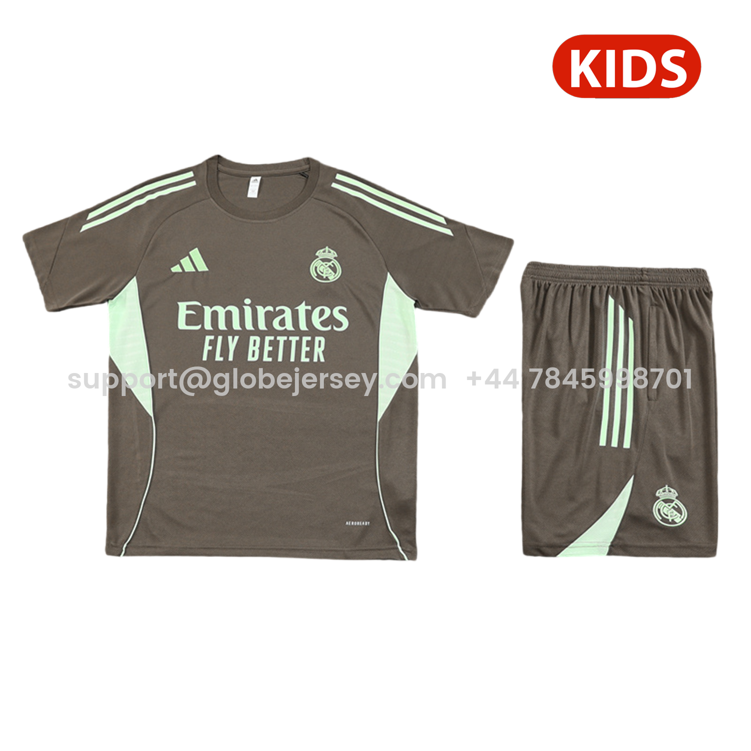 Real Madrid 25-26 Kids Short-Sleeve Training Set - Dark Khaki Top and Shorts
