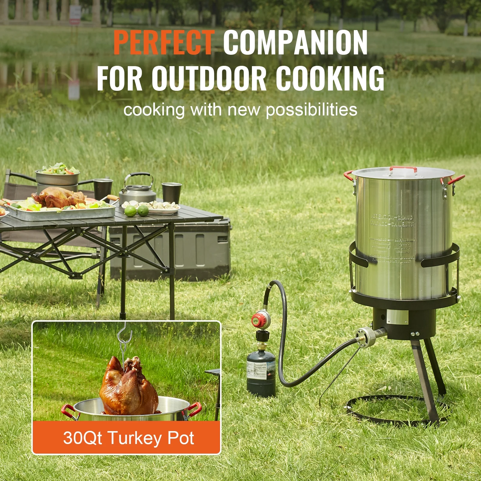 KFFKFF Deep Fryer for Turkey, Set of 30-qt Boiler Steamer Cooker, Outdoor Aluminum Pot for Seafood Frying, Propane Gas Boiler with 54,000 BTU Burner, Comes with Basket, Poultry Rack