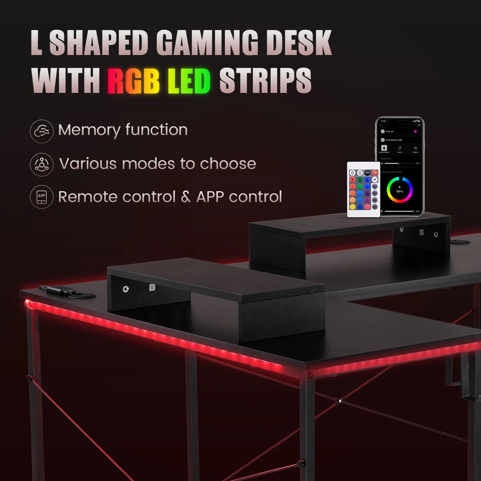 GTRACING L-Shaped Gaming Desk with RGB Light and Removable Storage Stands, Black