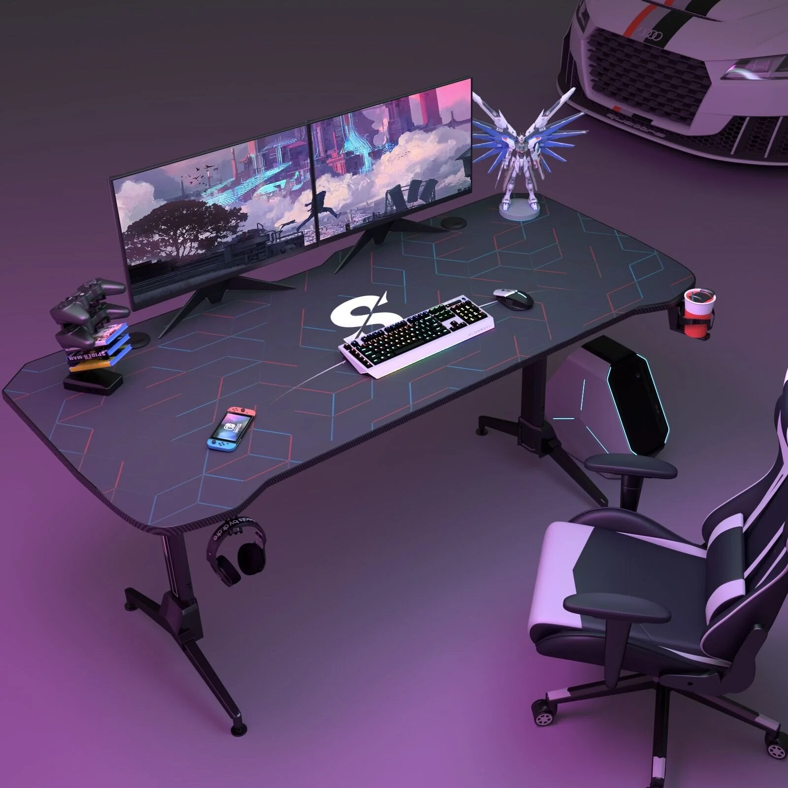 Lacoo Gaming Desk Steel Frame Y-shaped Gaming Desk with Adjustable Height, Black 63