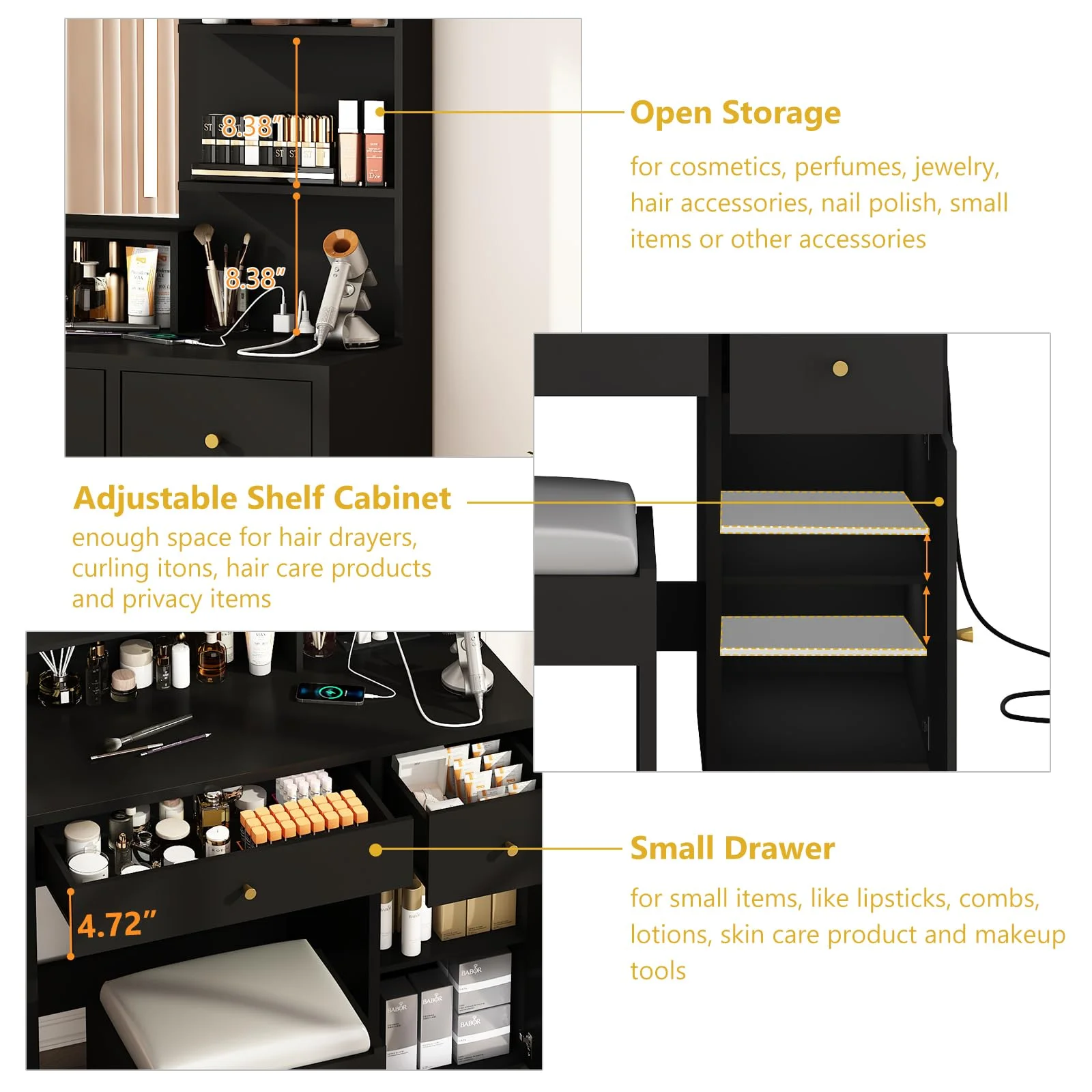 ChVans White Vanity Desk with Lighted Mirror & Charging Station, Vanity Table Set w/3 Storage Shelves,2 Drawers,Storage Cabinet & Makeup Vanity Cushioned Stool(White-37