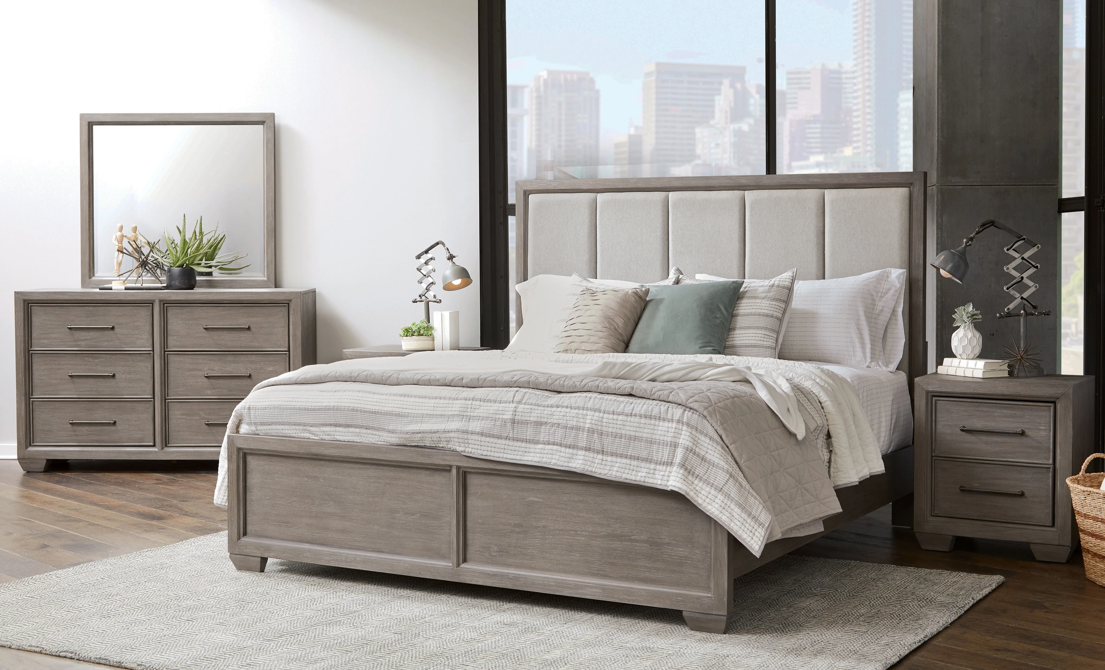 Ennesley Gray Wood Bedroom Set with Upholstered Panel King Bed, Dresser, Mirror, 2 Nightstand, and Chest