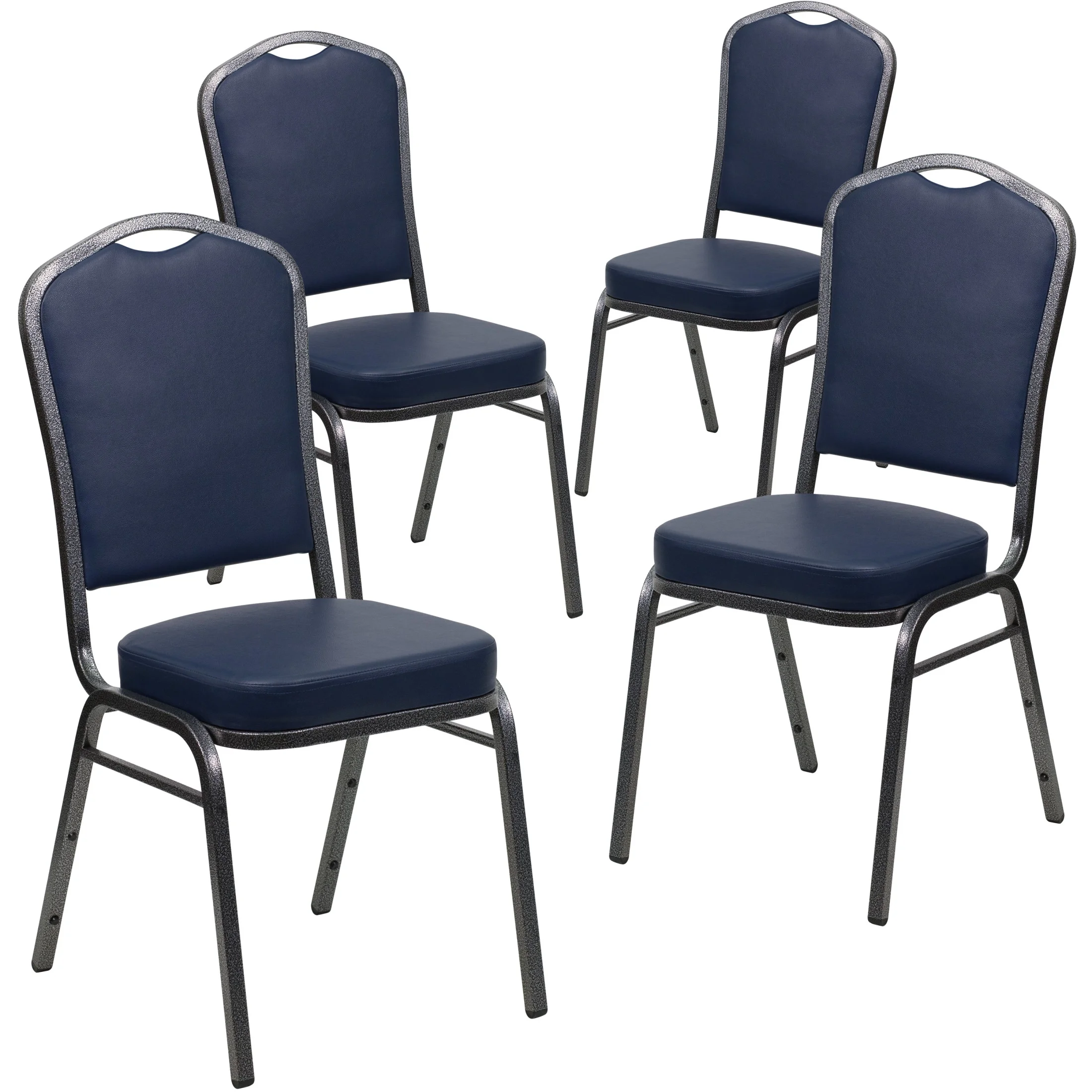 Emma + Oliver 4 Pack Crown Back Stacking Banquet Chair in Navy Vinyl - Silver Vein Frame