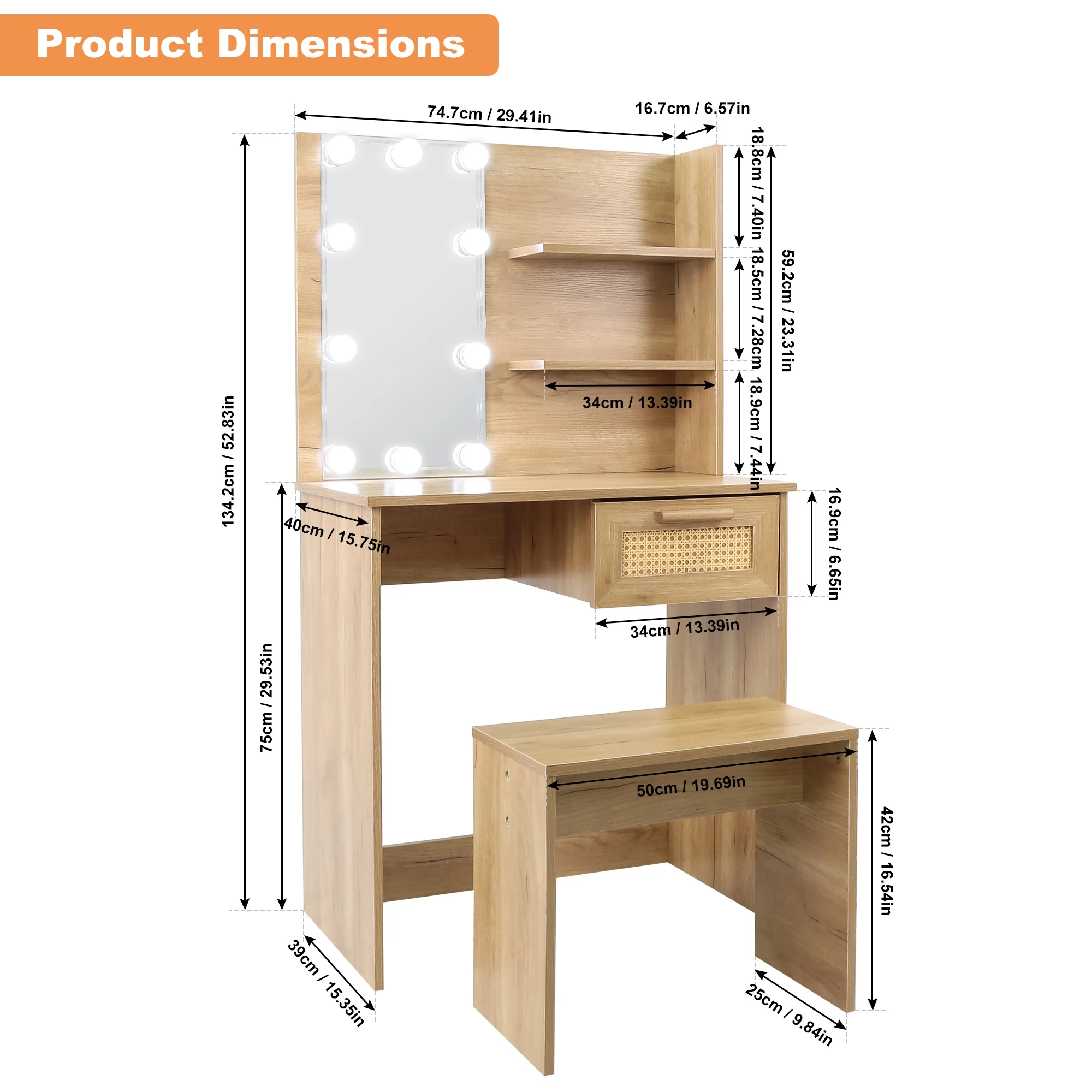 PORKISS Makeup Vanity Desk with Mirror & Lights, Vanity Table Set with Power Outlet & Hair Dryer Rack, Modern Dressing Table for Bedroom with 2 Drawers, Storage Cabinet and Storage Stool, White