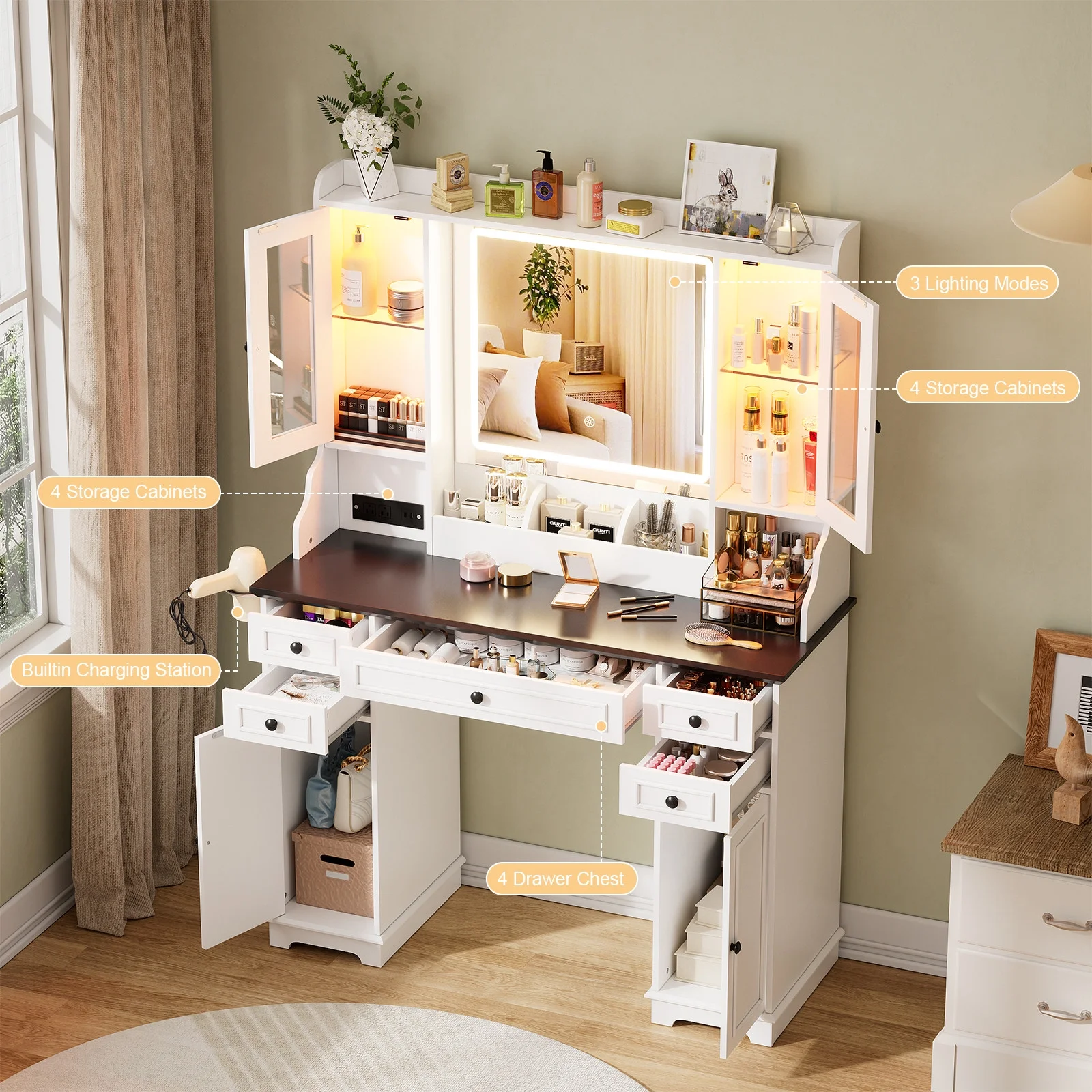 Farmhouse Makeup Vanity Desk with Mirror and Lights, Vanity Table with Glass Tabletop, Charging Station, 5 Drawers, Side Cabinet, Storage Shelves for Bedroom, White by TZUTOGETHER
