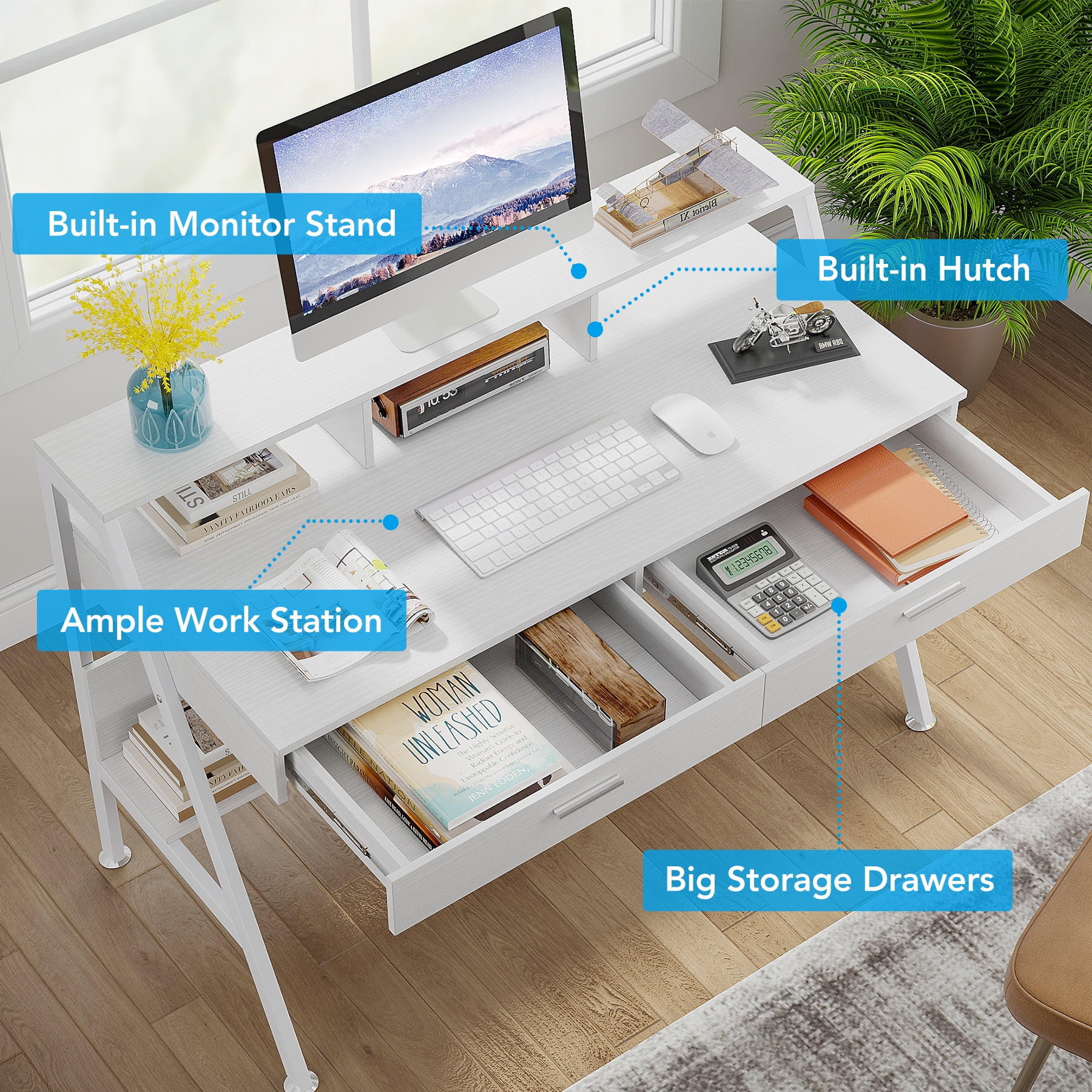 Tribesigns 47 inch Computer Desk, Modern Office Writing Desk with Storage Shelf & Drawers for Home Office, White