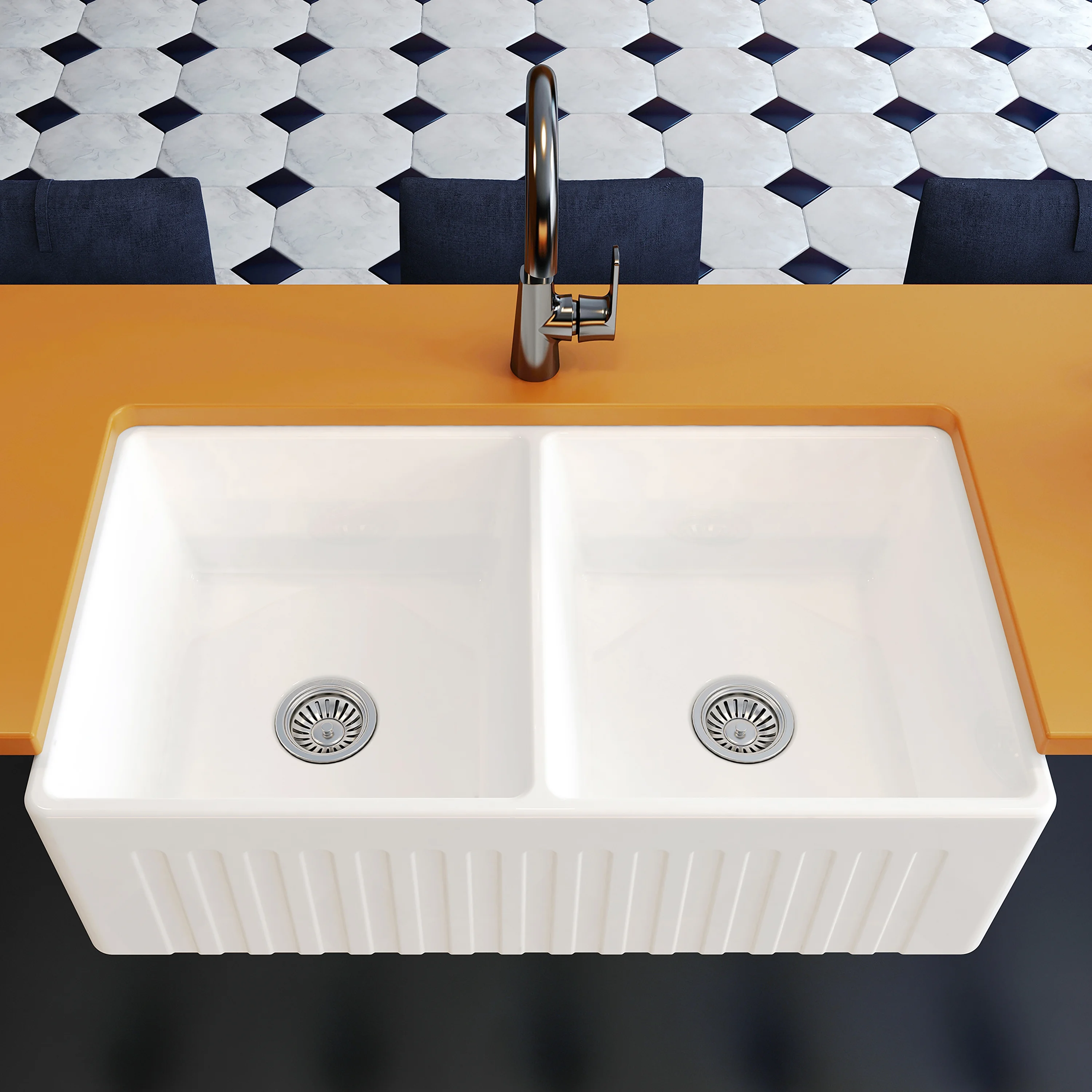 MEJE #KS3320 33x20 inch 50/50 Double Bowl , Ceramic Apron-front Step Rim Workstation Farmhouse Kitchen Sink , with Cutting Board ,Grid & Strainer - White