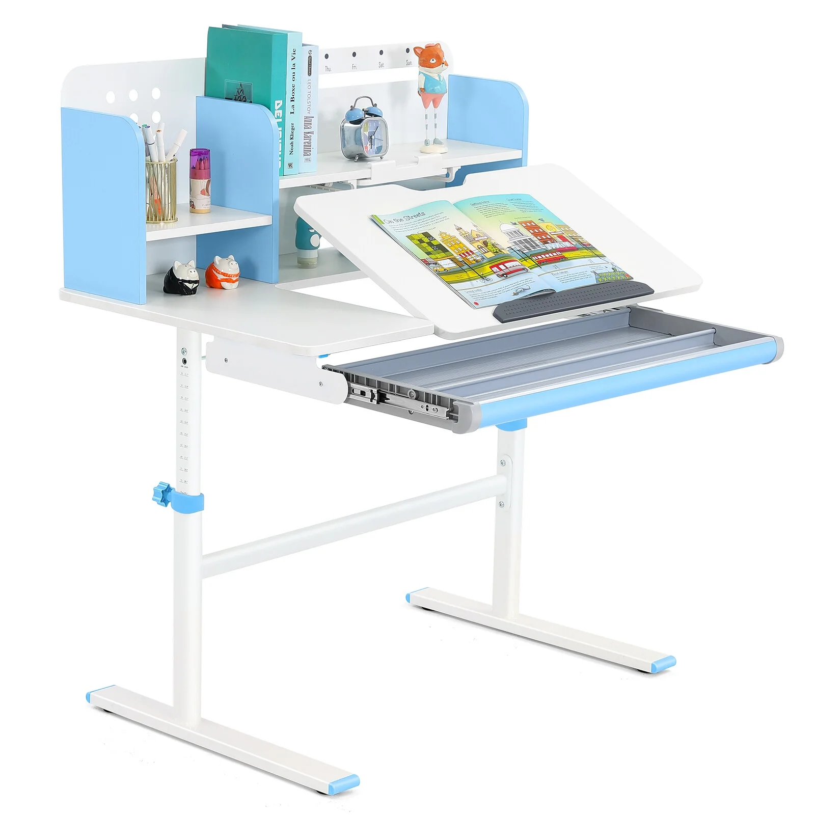 Adjustable Height Ergonomic Kids Study Desk & Chair Set Children Students Drafting Table Home School with Shelf,Drawer(Gray)