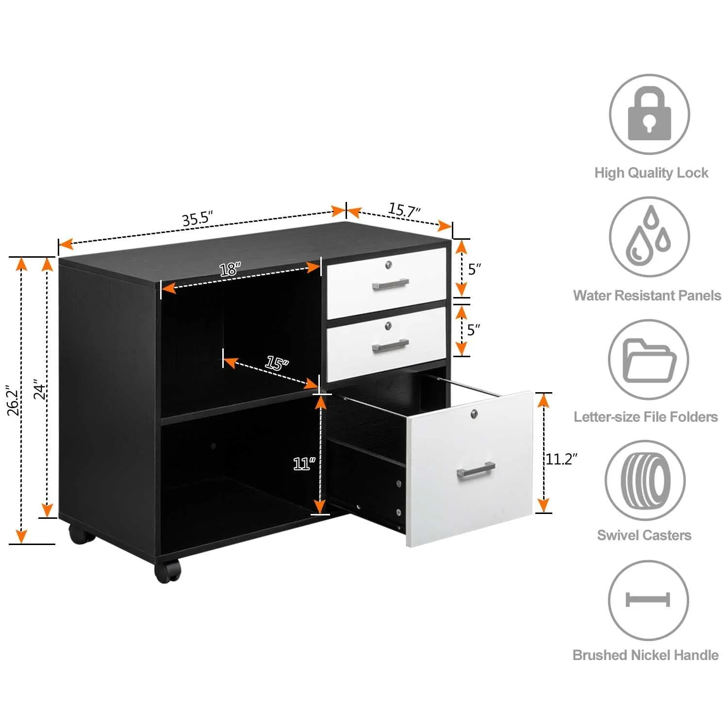 Ktaxon 3 Drawer Wood File Cabinets, Lateral Mobile Filing Cabinets Printer Stand with Locks and Wheels, Open Storage Shelves for Home Office