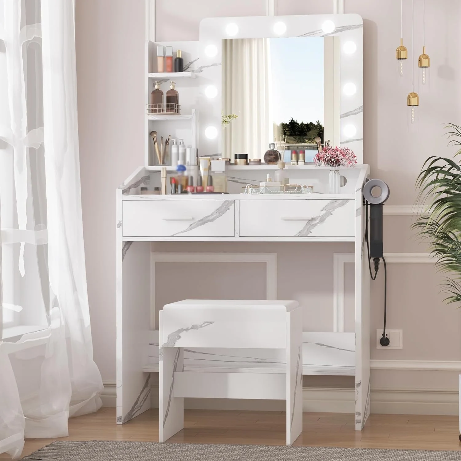 OYang Makeup Vanity with Lights, Vanity Desk with Mirror and Lights Set, Large Drawer and Two-Tier Lots Storage Cabinet, 3 Lighting Modes Adjustable Brightness