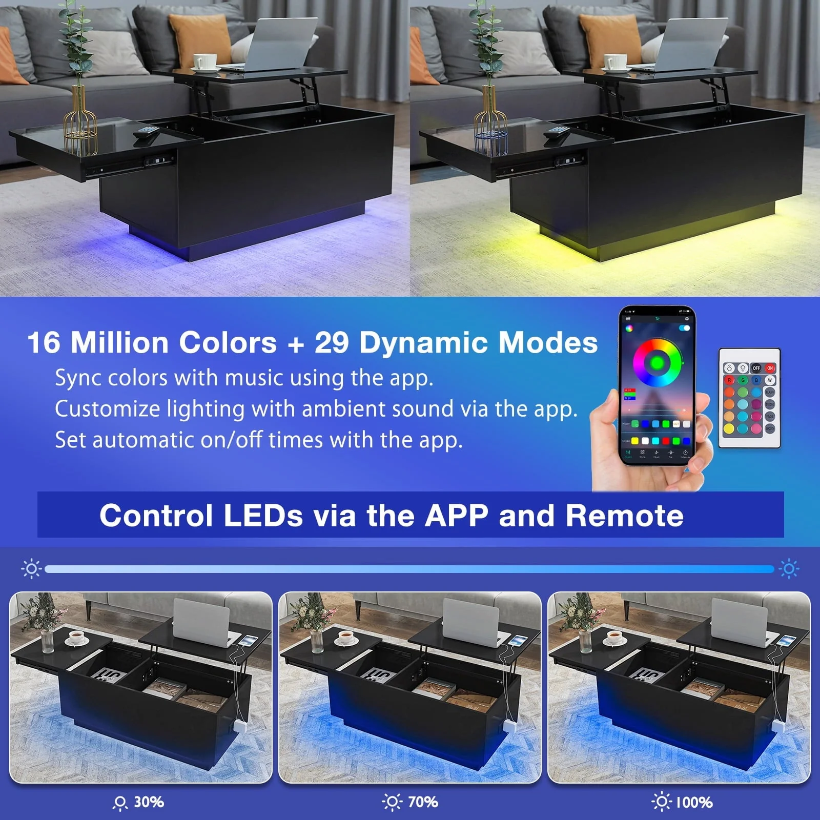 Hommpa LED Lift Top Coffee Table with Charging Station High Gloss Rectangle Center Tea Desk Black Hidden Storage Rising Dining Cocktail Tables Living Room