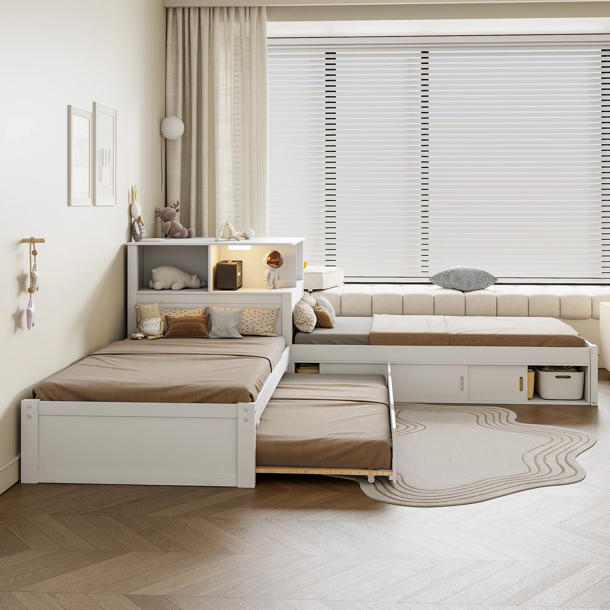 Euroco Pine Wood L-Shaped Twin Platform Bed with Storage Desk, Cabinets, Trundle and LED Light for Kids Teens, Gray