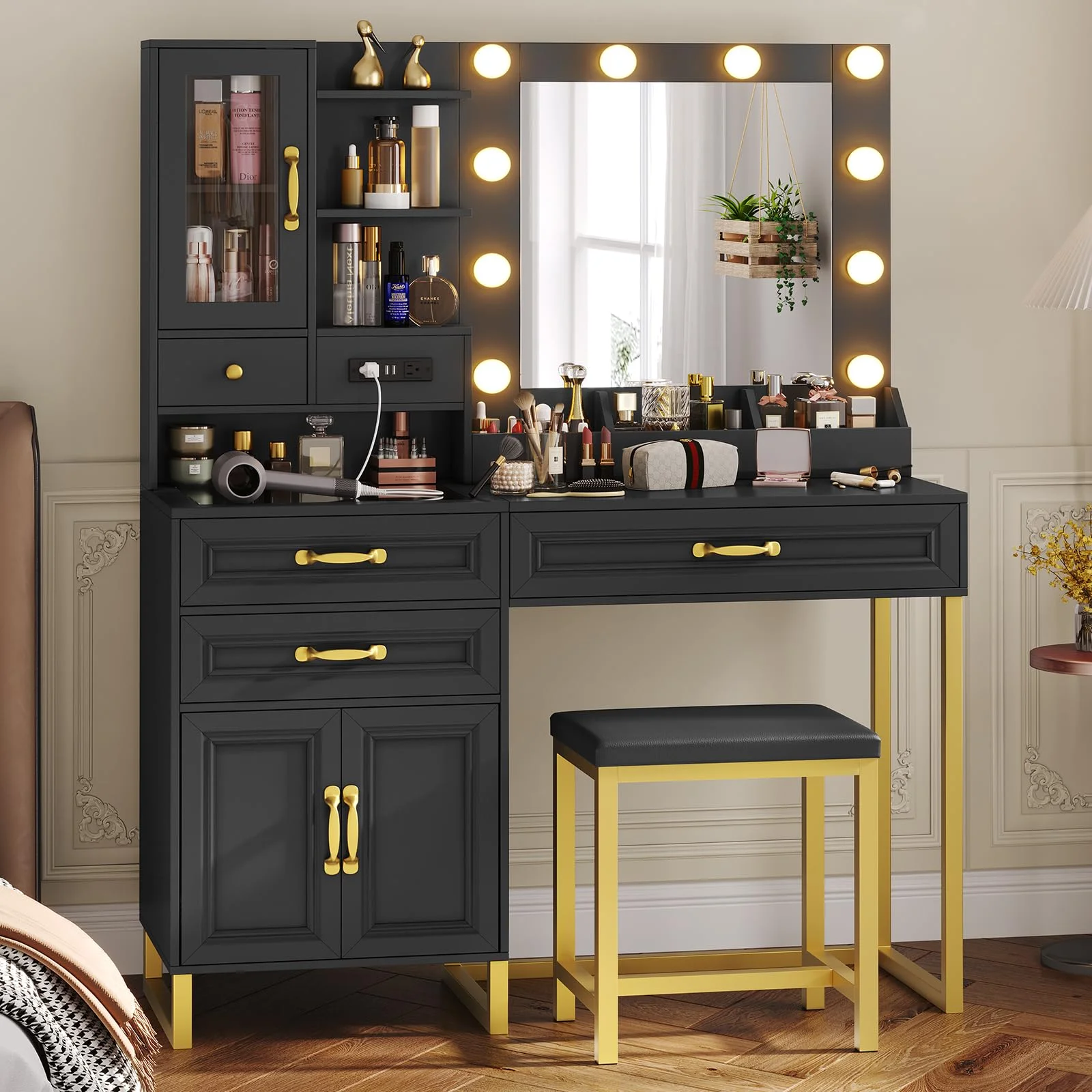 AMUZER Modern Vanity Desk Set with Mirror and Lights & Stool, Makeup Vanity Table with Charging Station, 4 Stoarge Drawers & Double-Door Cabinet, White