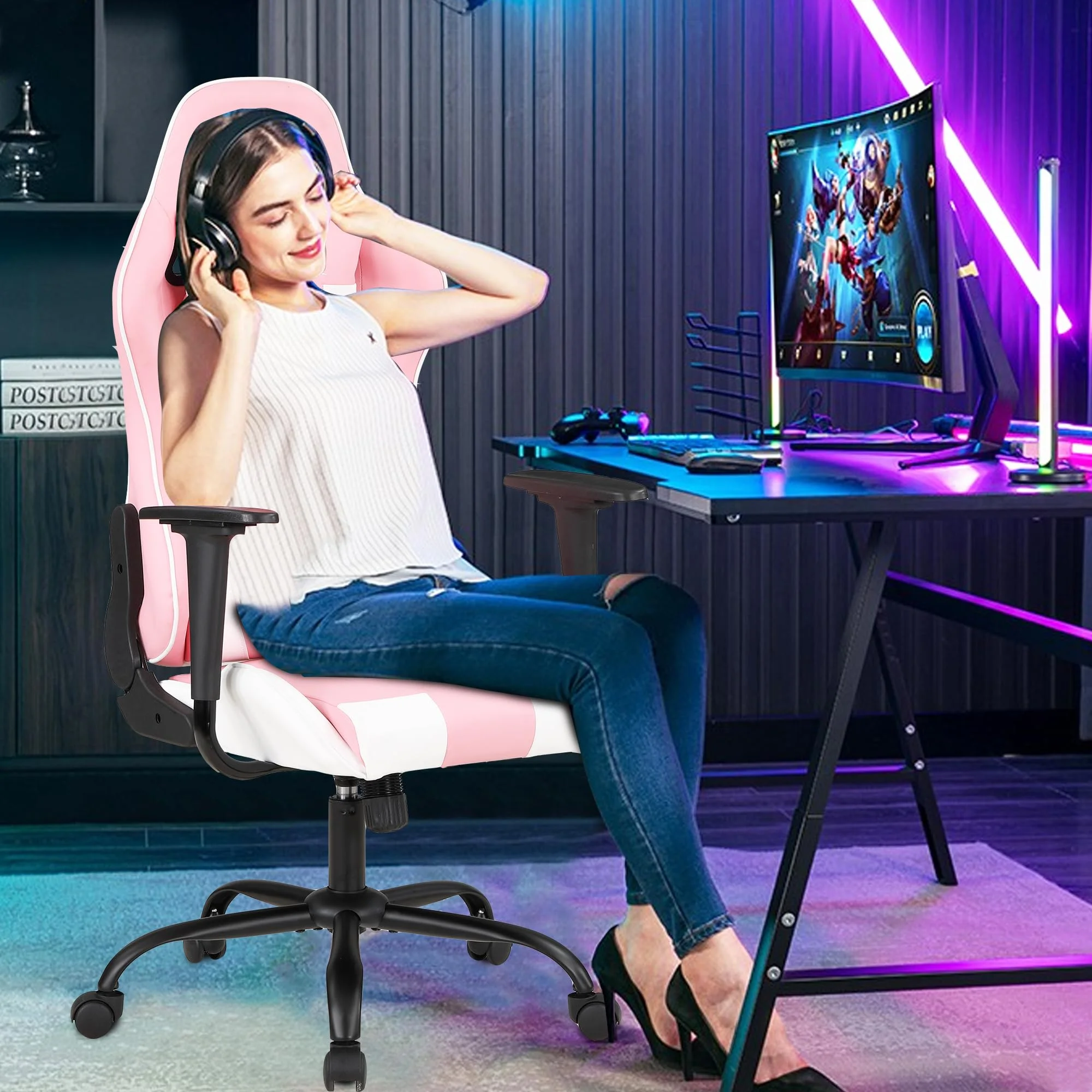 PayLessHere Gaming Chair - Ergonomic w/Lumbar Support & Headrest???Rolling Swivel for PC Gamer (Pink)
