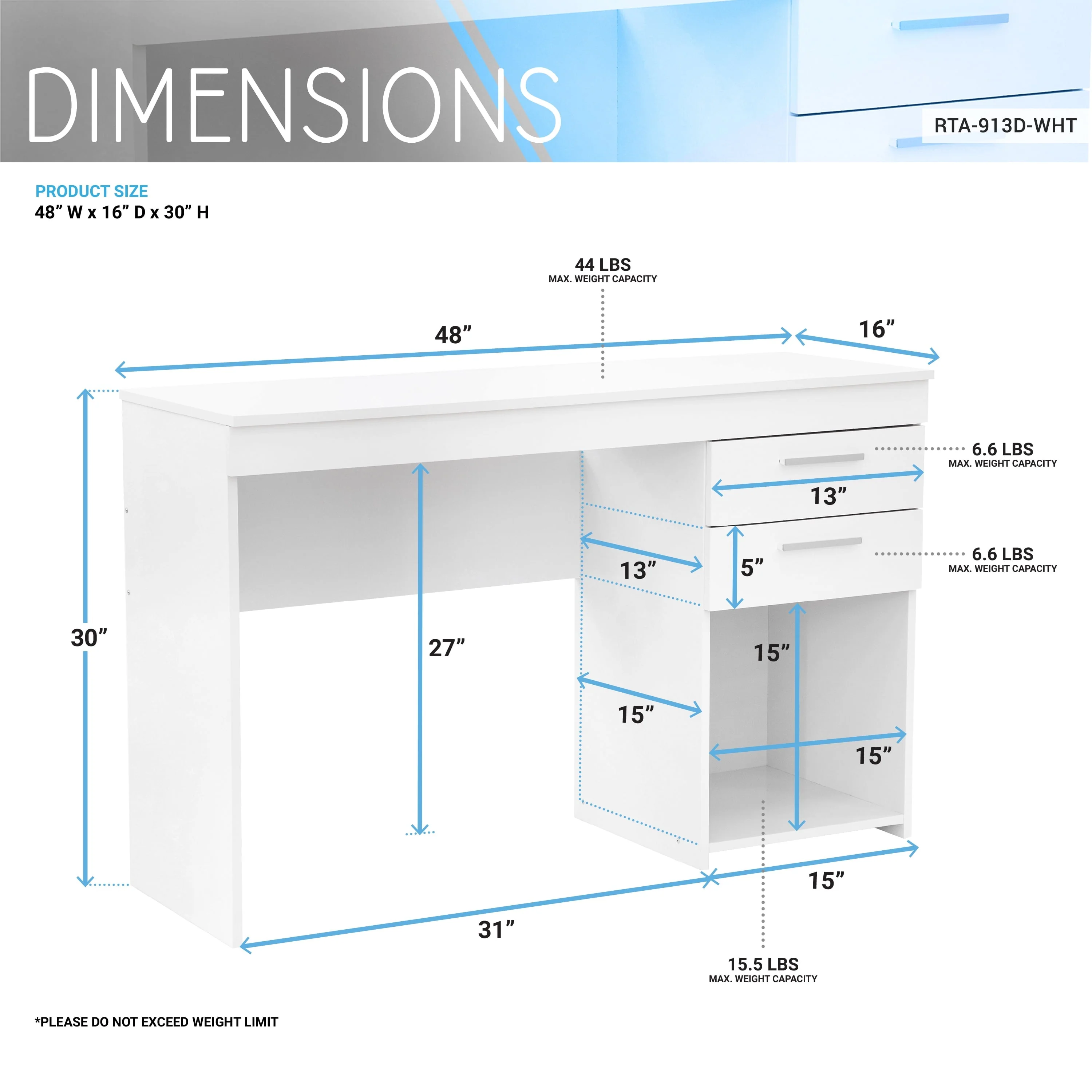 Techni Mobili White Computer Desk for Home Office or Bedroom, with Drawers Ideal for Small Spaces