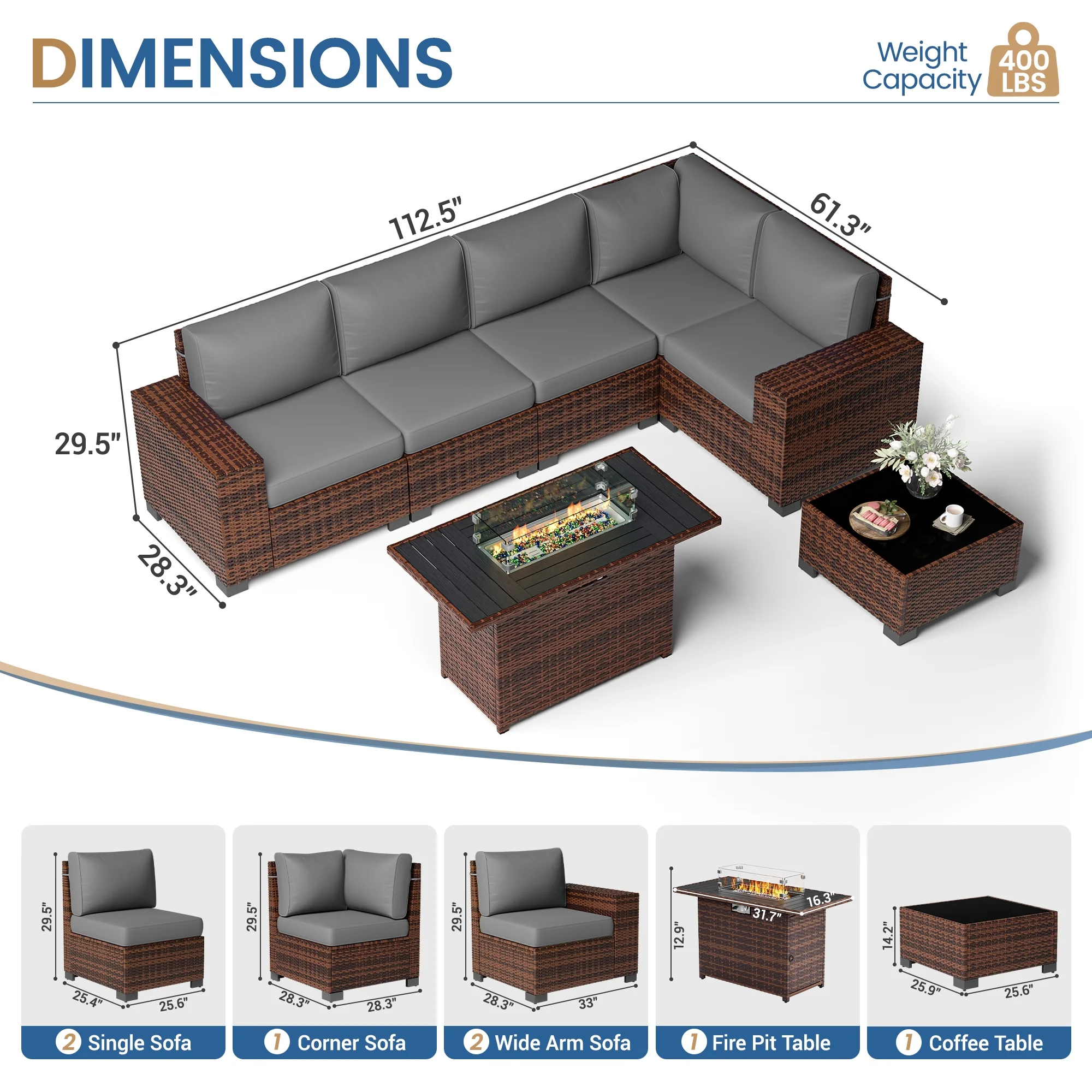 Poteban Patio Furniture Set 6 PCS Outdoor Sectional Conversation Sets Featuring Widen Wicker Armrests and High Back, Black (Waterproof Covers Included)