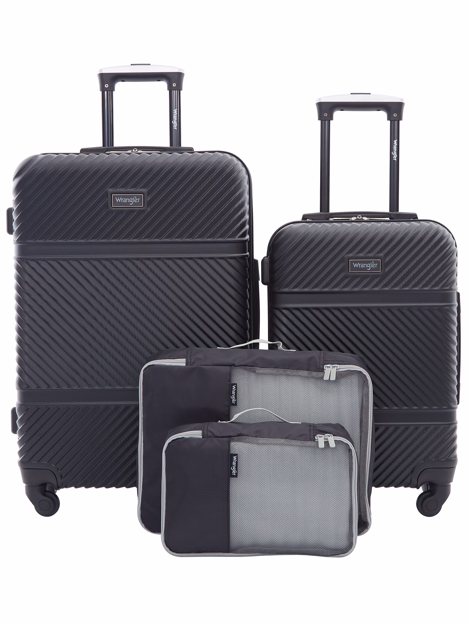 Wrangler 4 Piece Expandable Hardside Spinner Luggage Set with Packing Cubes, Sharkskin Grey