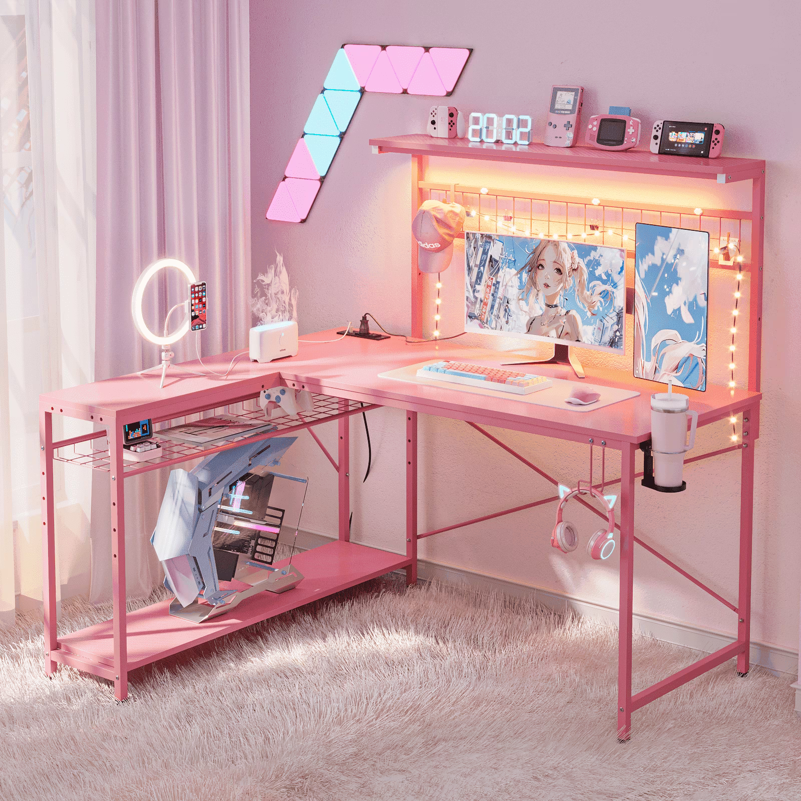 Bestier 51 L Shaped Gaming Desk with Power Outlets & LED Light, Computer Desk with 4 Tiers Shelves for Home Office, Reversible Gamer Table with Hooks and Cup Holder, Carbon Fiber